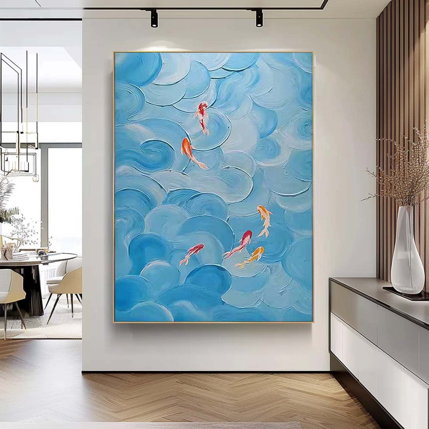Whimsical Koi Fish Swimming in Teal Waves - Vibrant Abstract Oil Painting Art