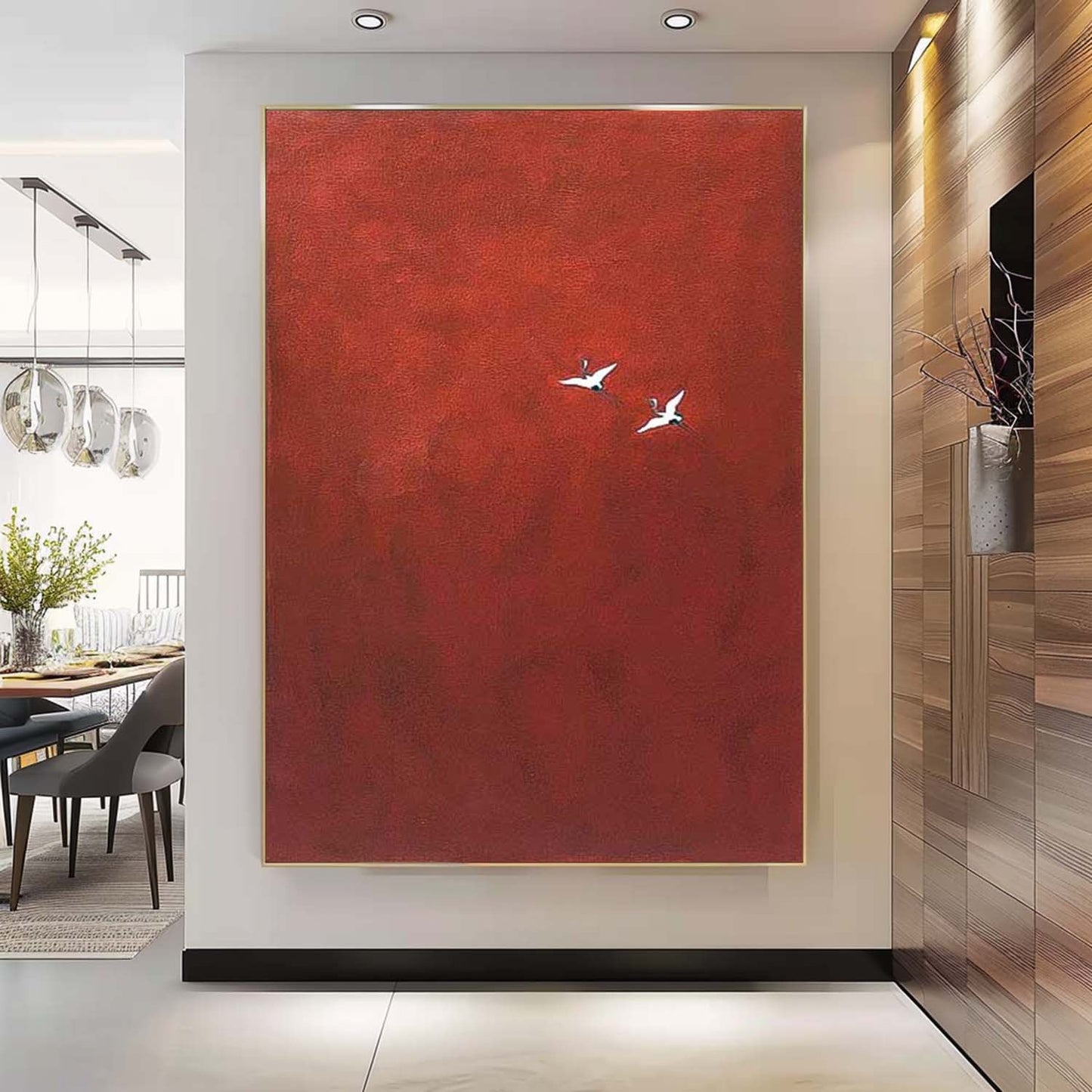 Elegant Red Minimalist Oil Painting with Birds in Flight for Modern Home Décor