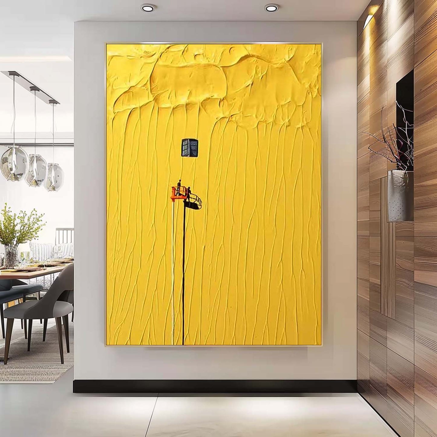 Vibrant Yellow Minimalist Oil Painting with Unique Texture and Artistic Detail