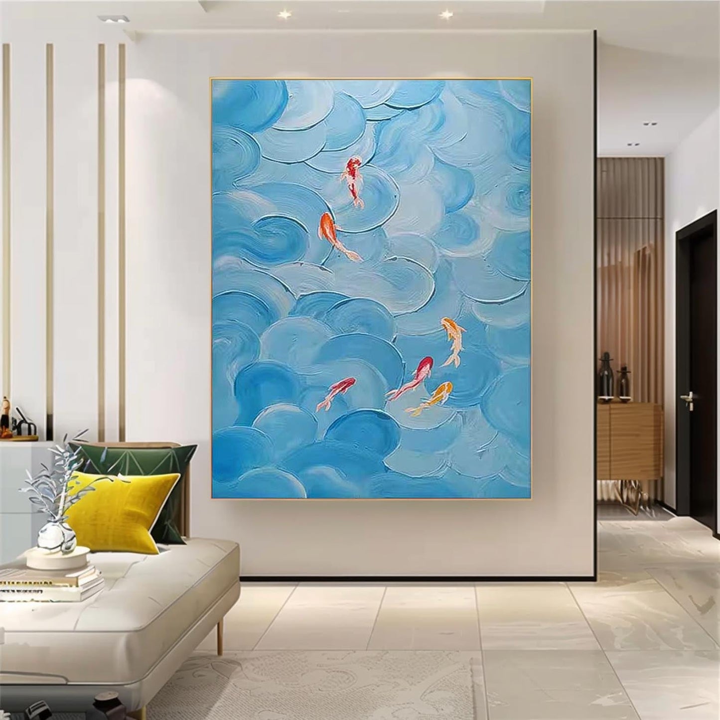 Whimsical Koi Fish Swimming in Teal Waves - Vibrant Abstract Oil Painting Art