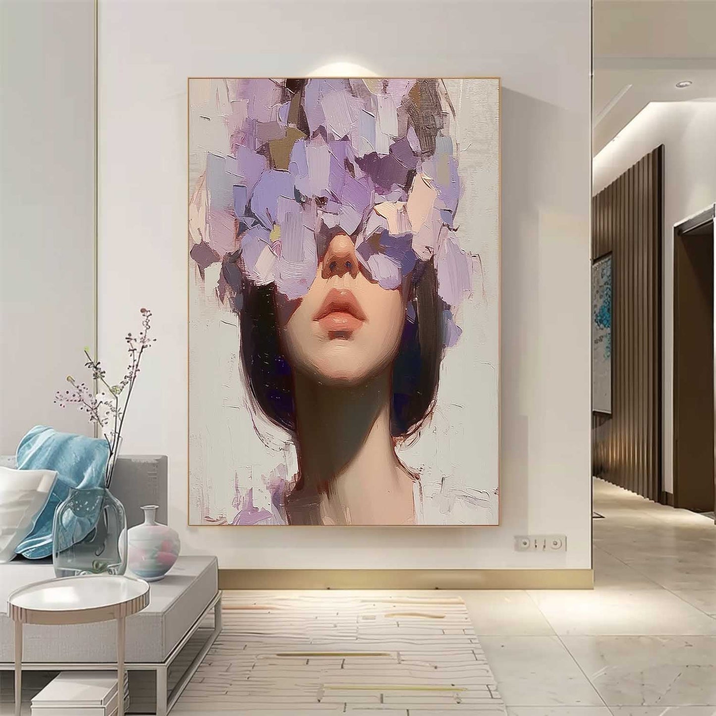 Floral Concealment: Stunning Oil Painting of a Woman Surrounded by Blossoms