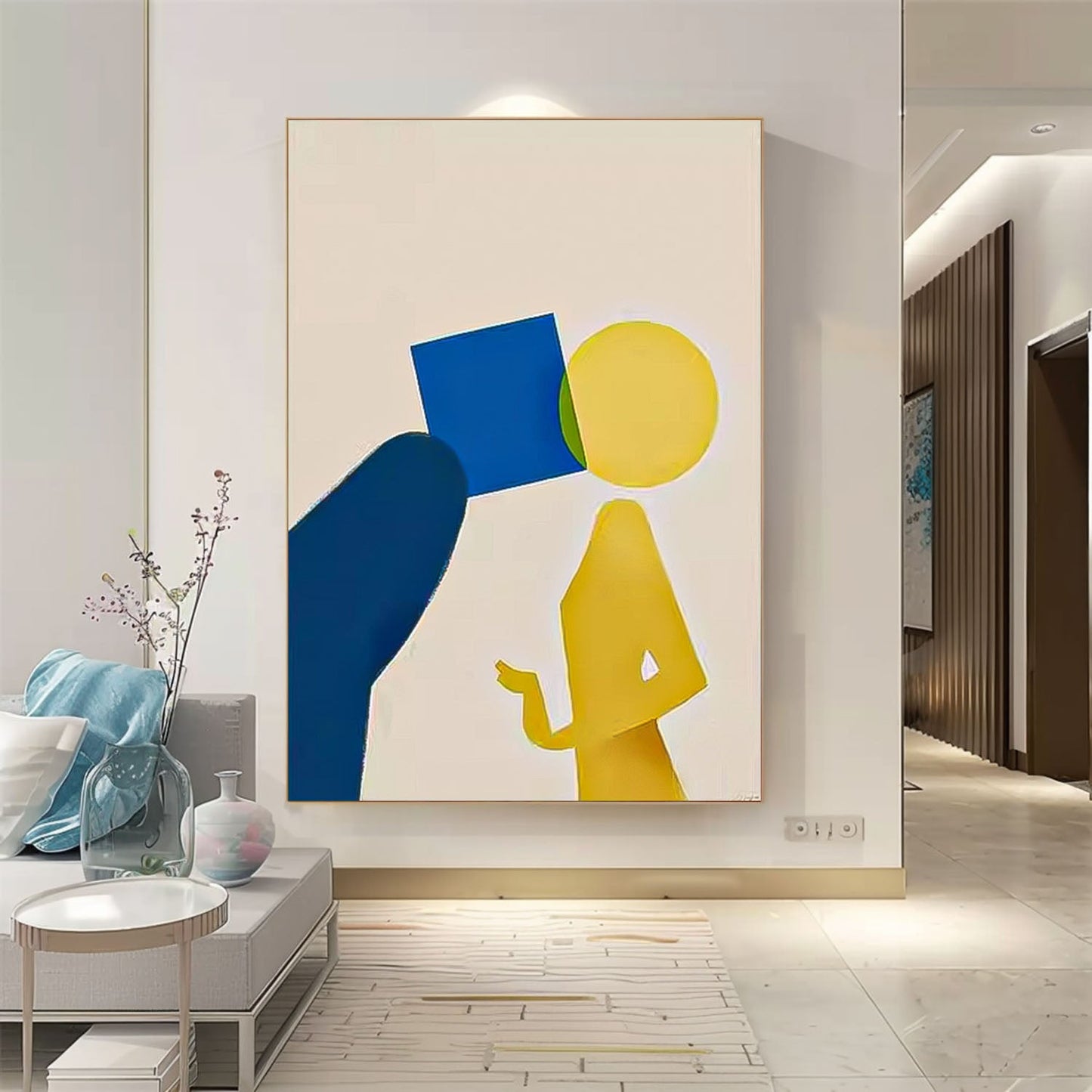 Modern Minimalist Oil Painting with Abstract Figures and Bold Colors