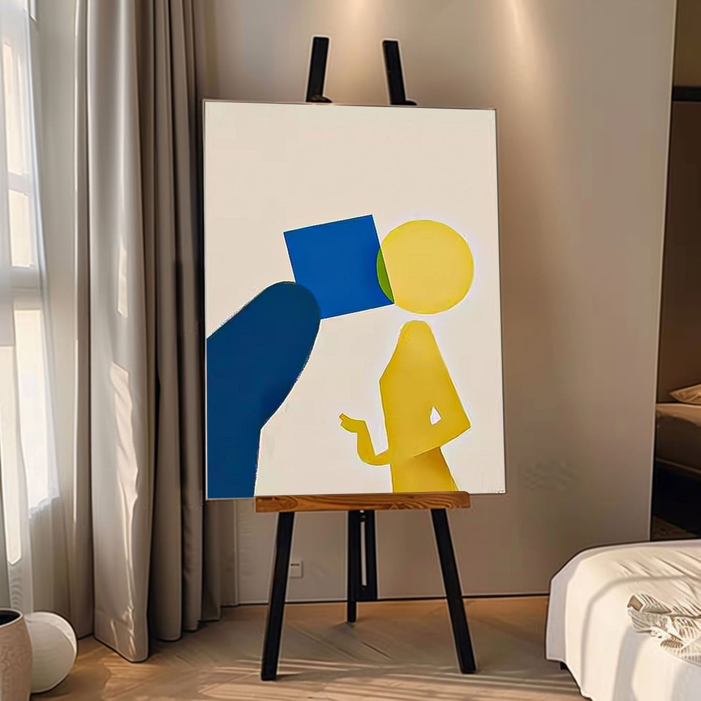 Modern Minimalist Oil Painting with Abstract Figures and Bold Colors