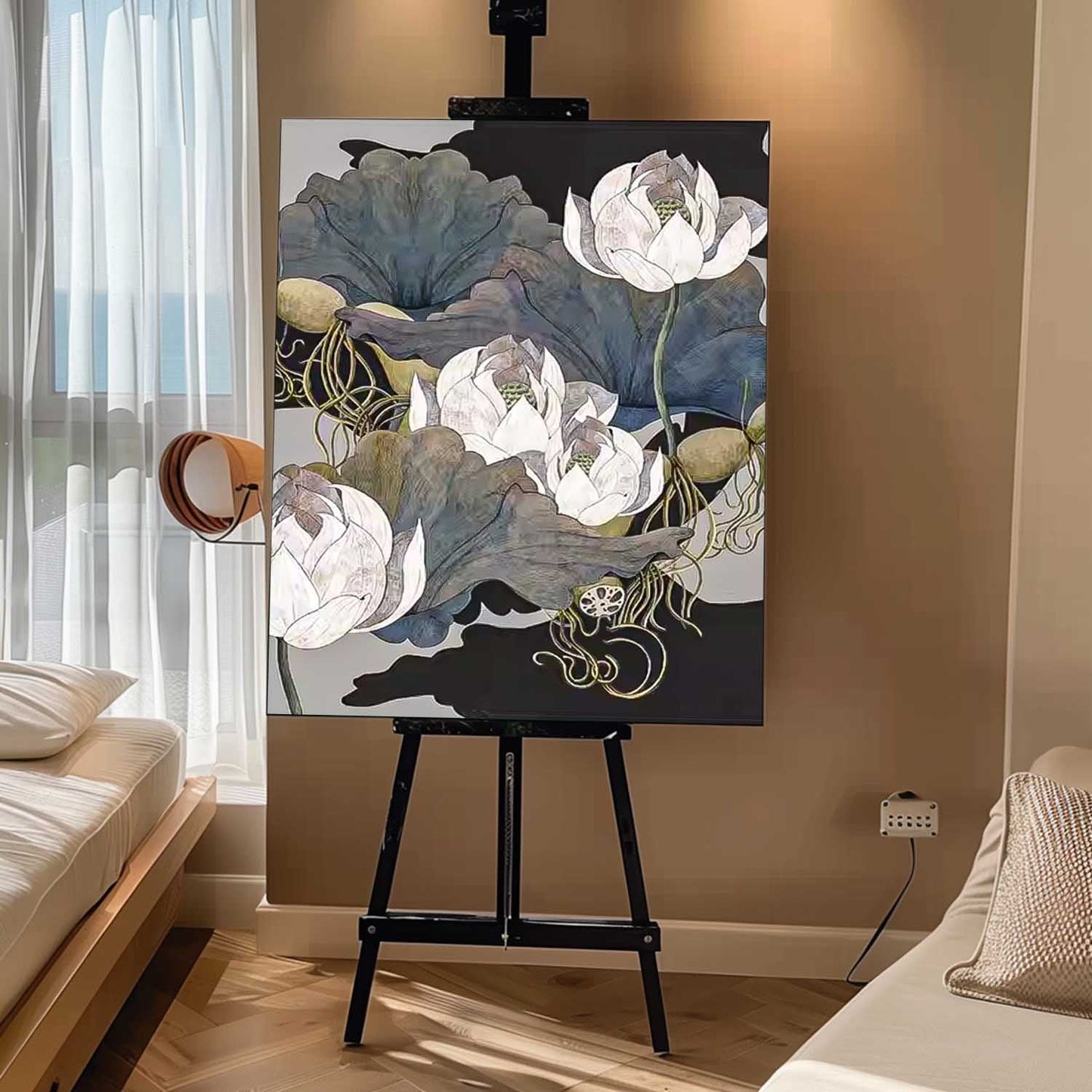 Elegant Flower Oil Painting - Serene Lotus Floral Wall Art for Home Decor