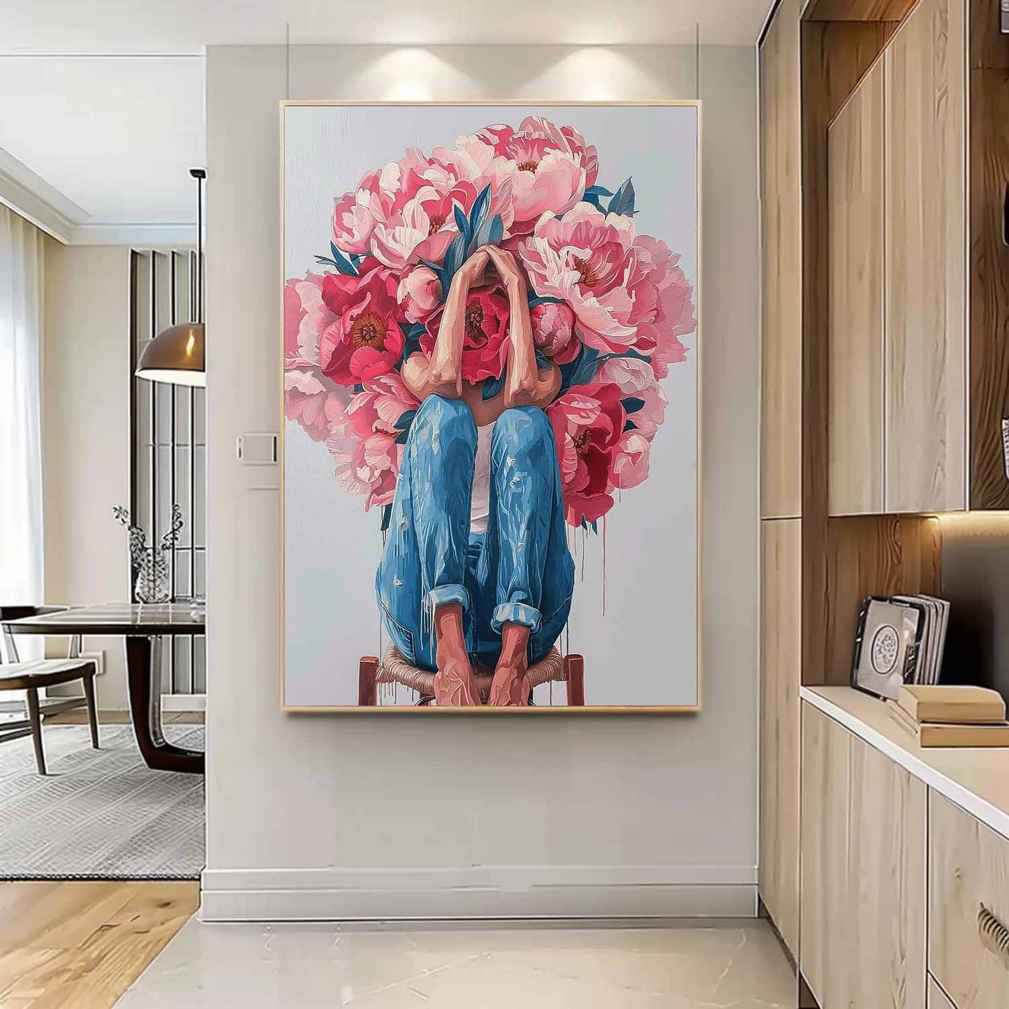 Floral Embrace: Vibrant Oil Painting of a Woman Surrounded by Blossoming Flowers