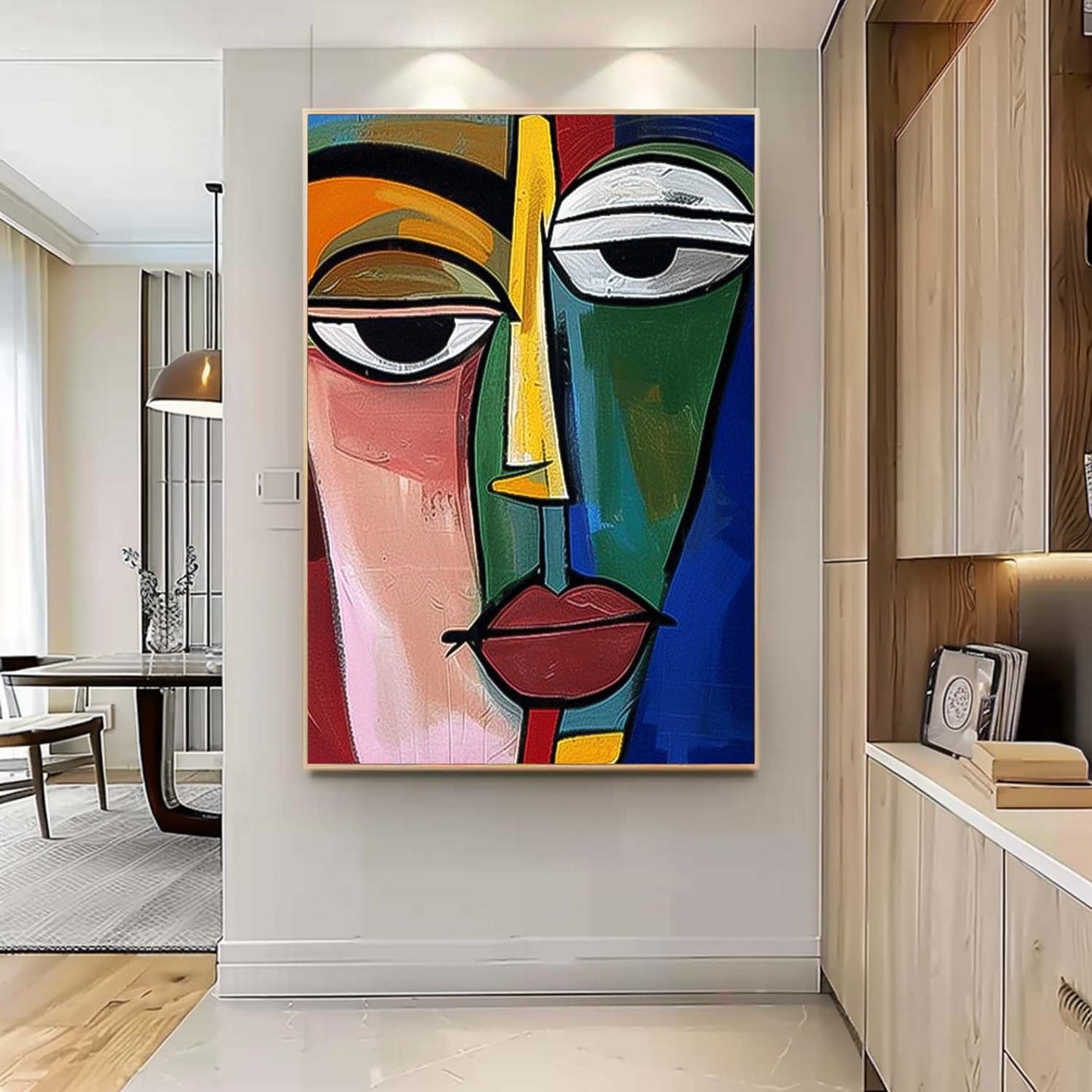 Abstract Face Oil Painting - Colorful Modern Wall Art for Home Decor