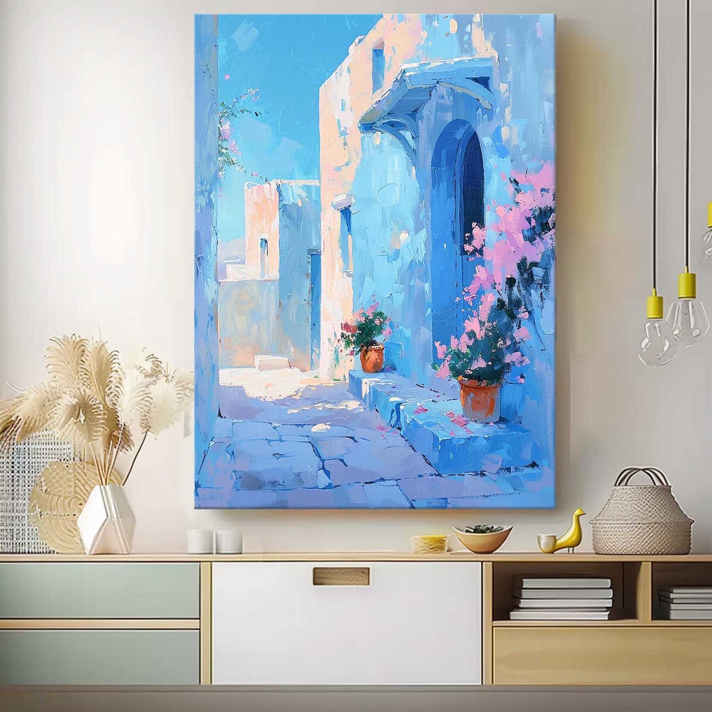 Charming Blue Alleyway Oil Painting with Flower Pots and Architecture