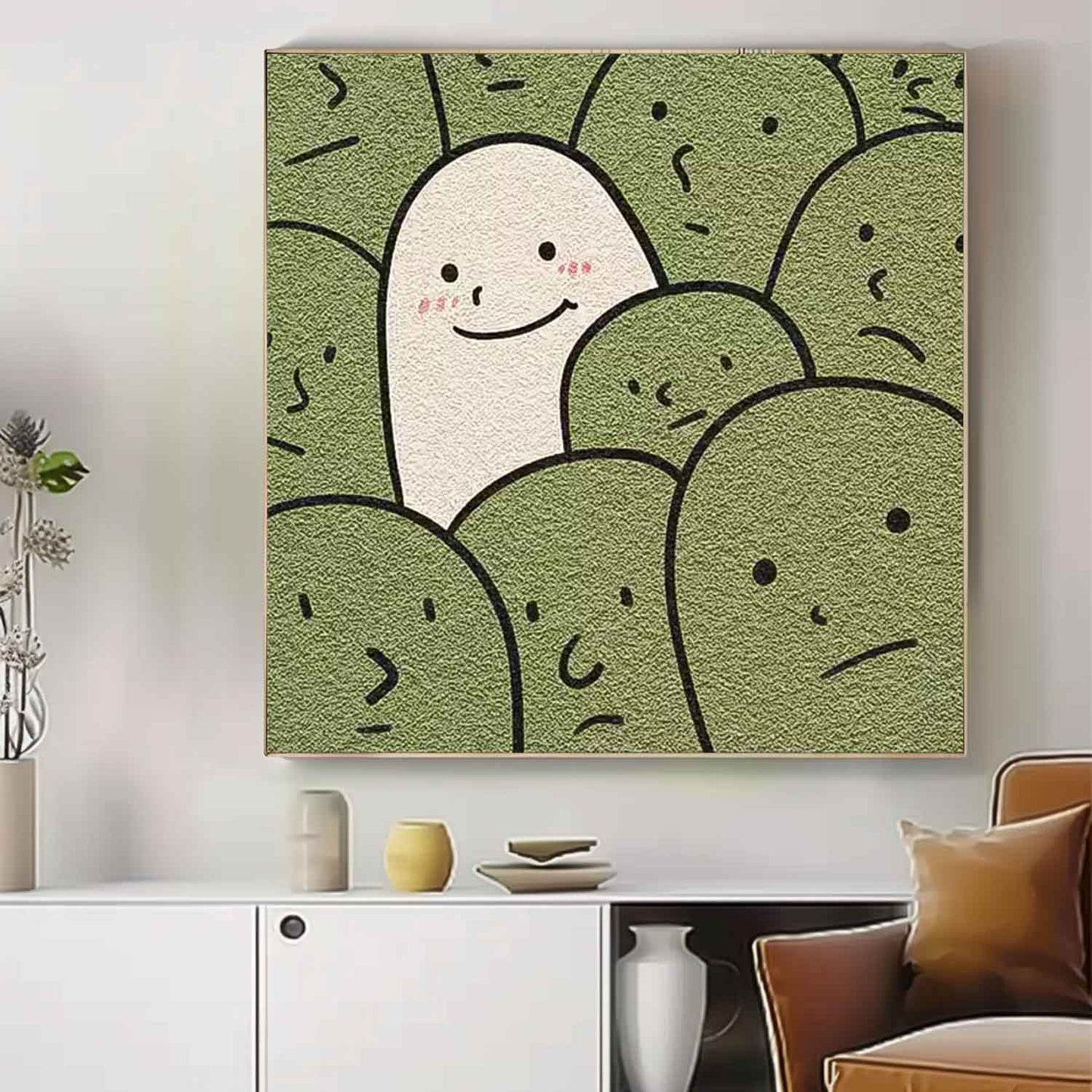 Unique Minimalist Oil Painting of Happy Character in a Crowd