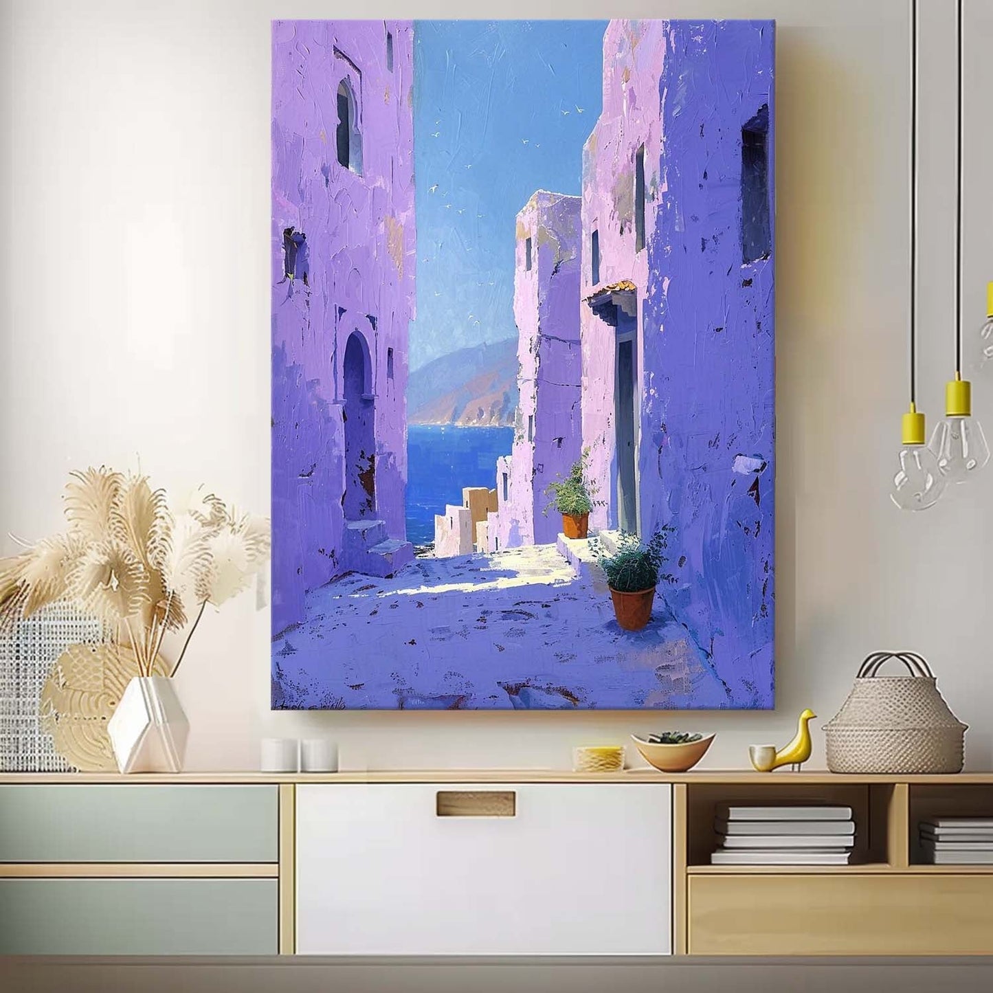 Vibrant Mediterranean Village: Stunning Oil Painting of Coastal Architecture
