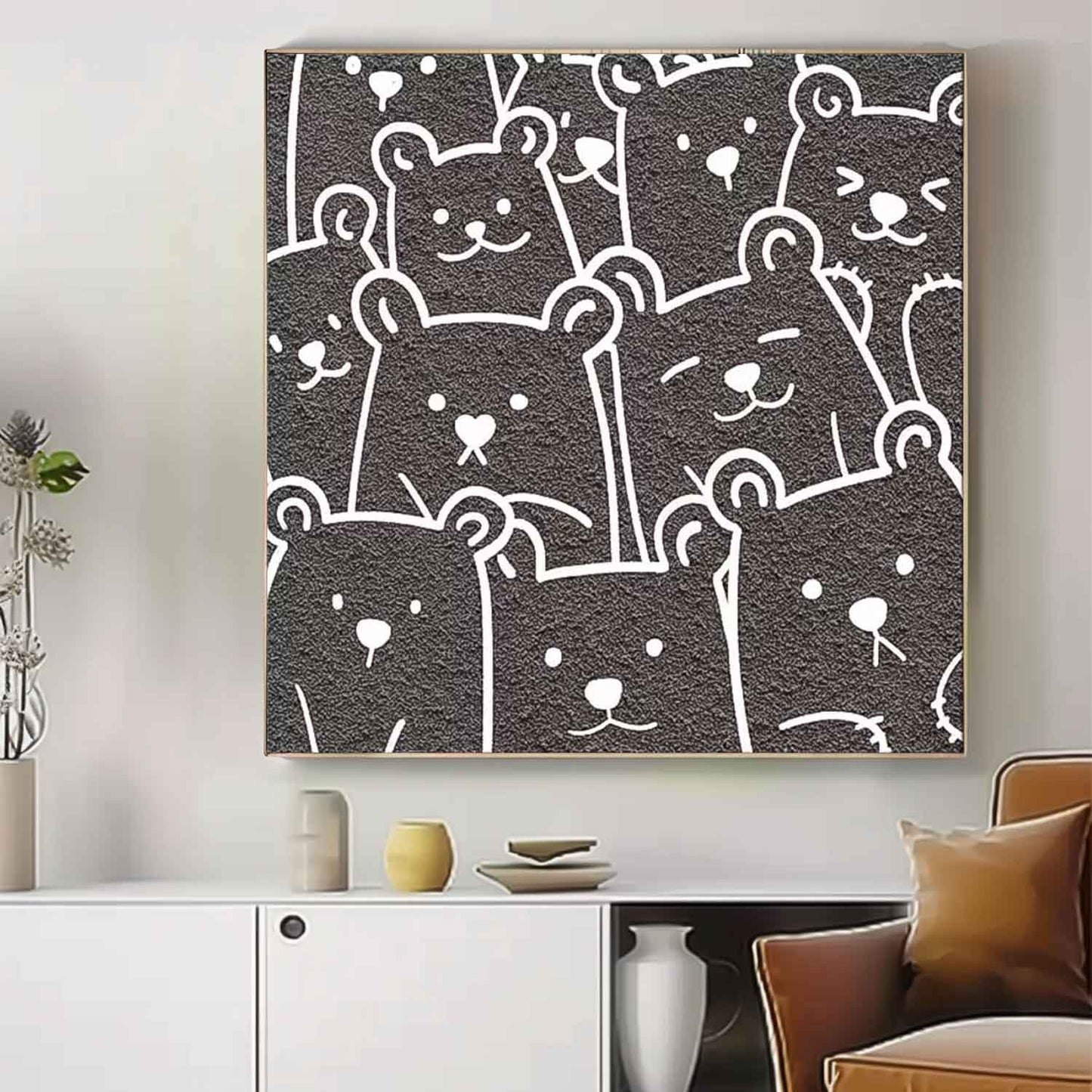 Charming Bear Faces Minimalist Oil Painting for Playful Home Decor