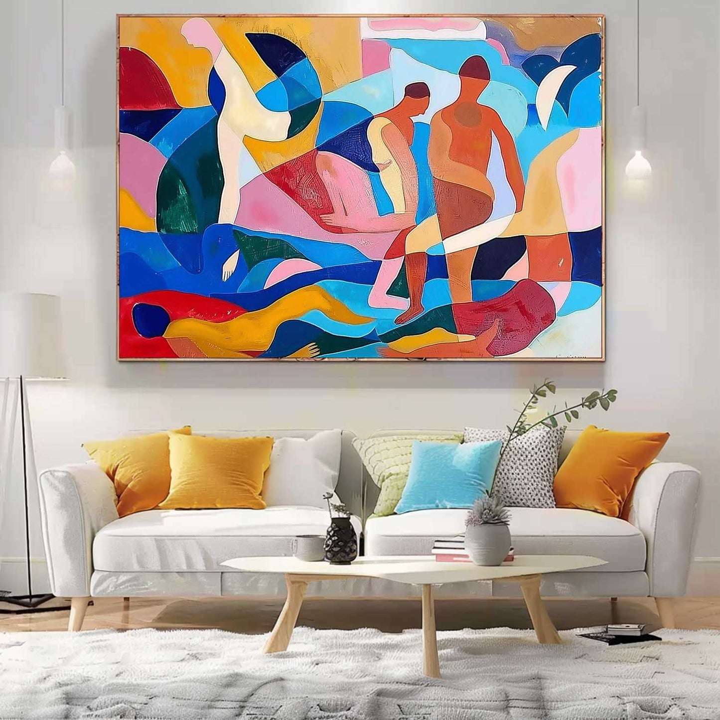 Colorful Abstract Oil Painting of Human Figures in Dynamic Composition