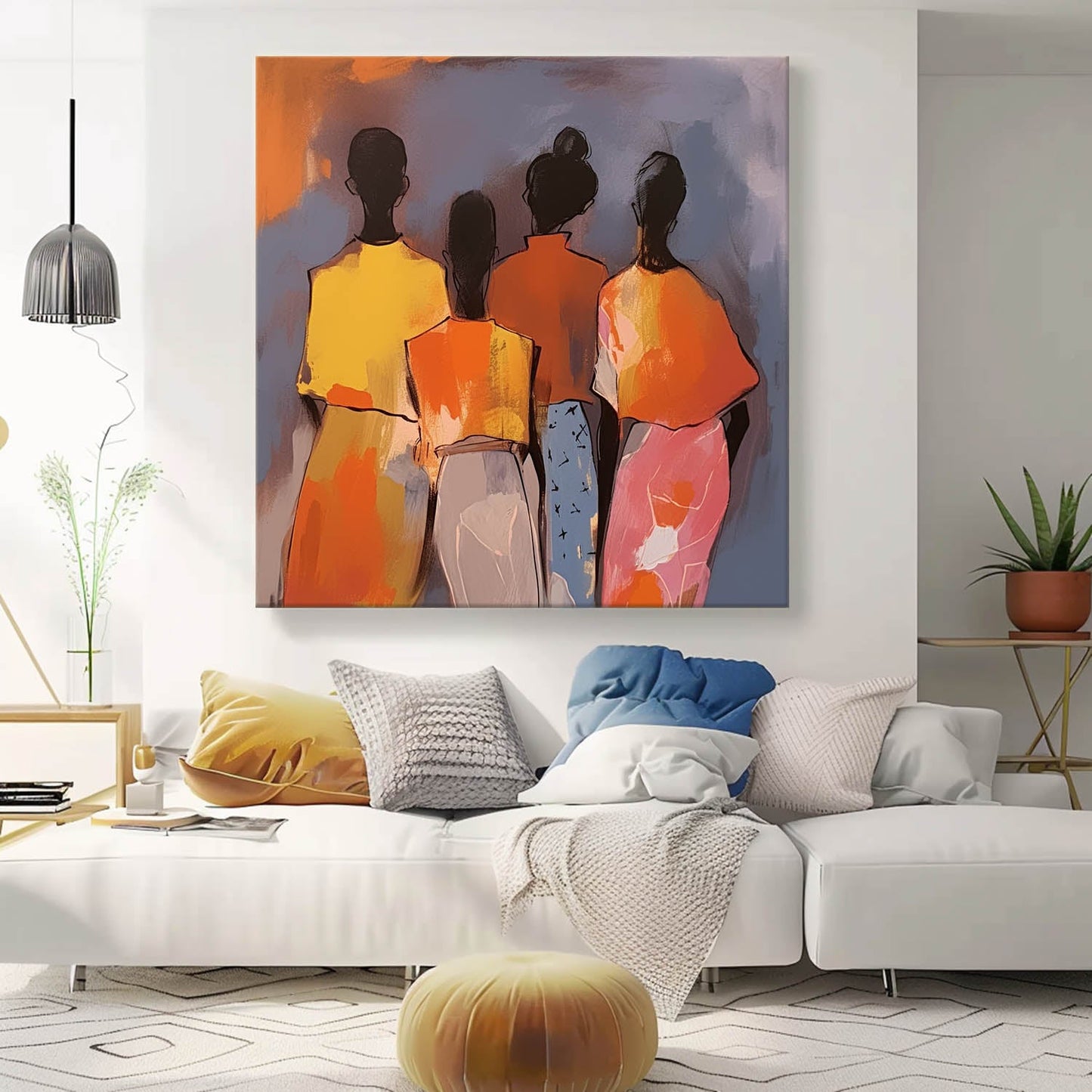 Colorful Abstract Oil Painting of Four Figures on Canvas