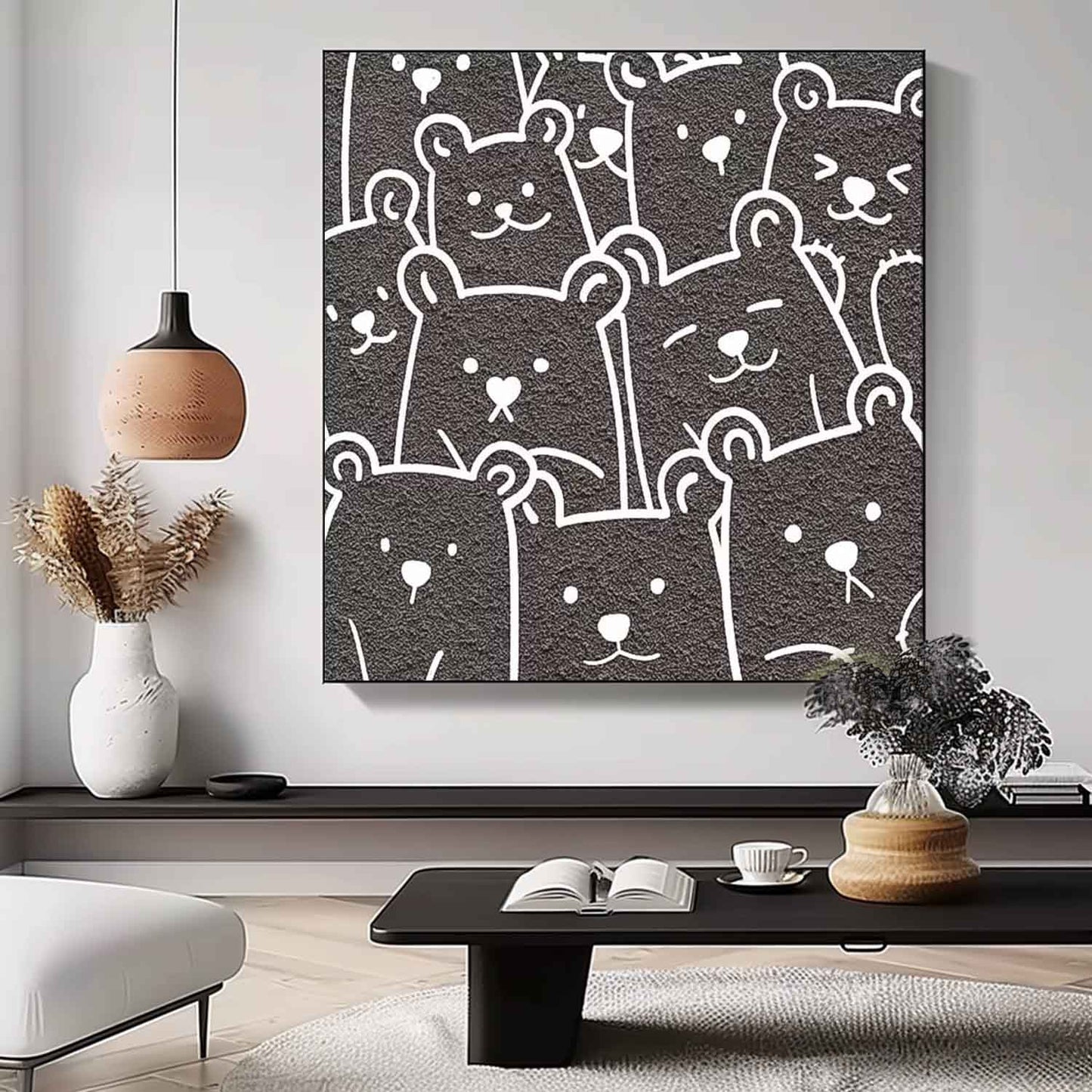 Charming Bear Faces Minimalist Oil Painting for Playful Home Decor