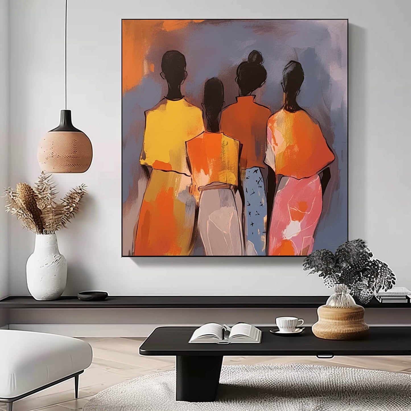 Colorful Abstract Oil Painting of Four Figures on Canvas