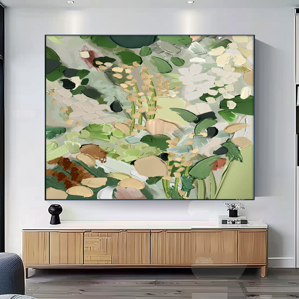 Botanical Elegance: Serene Green and White Floral Oil Painting for Home Decor