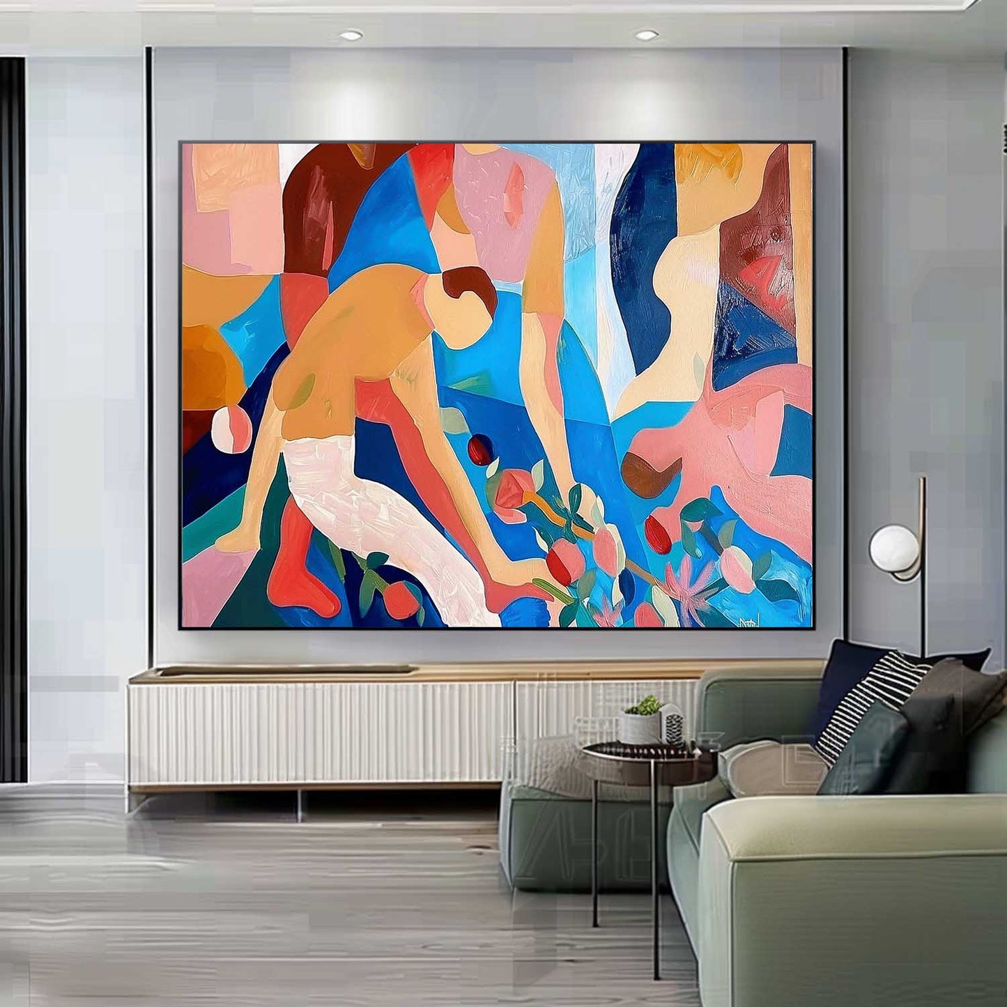 Vibrant Abstract Oil Painting with Colorful Figures and Floral Elements