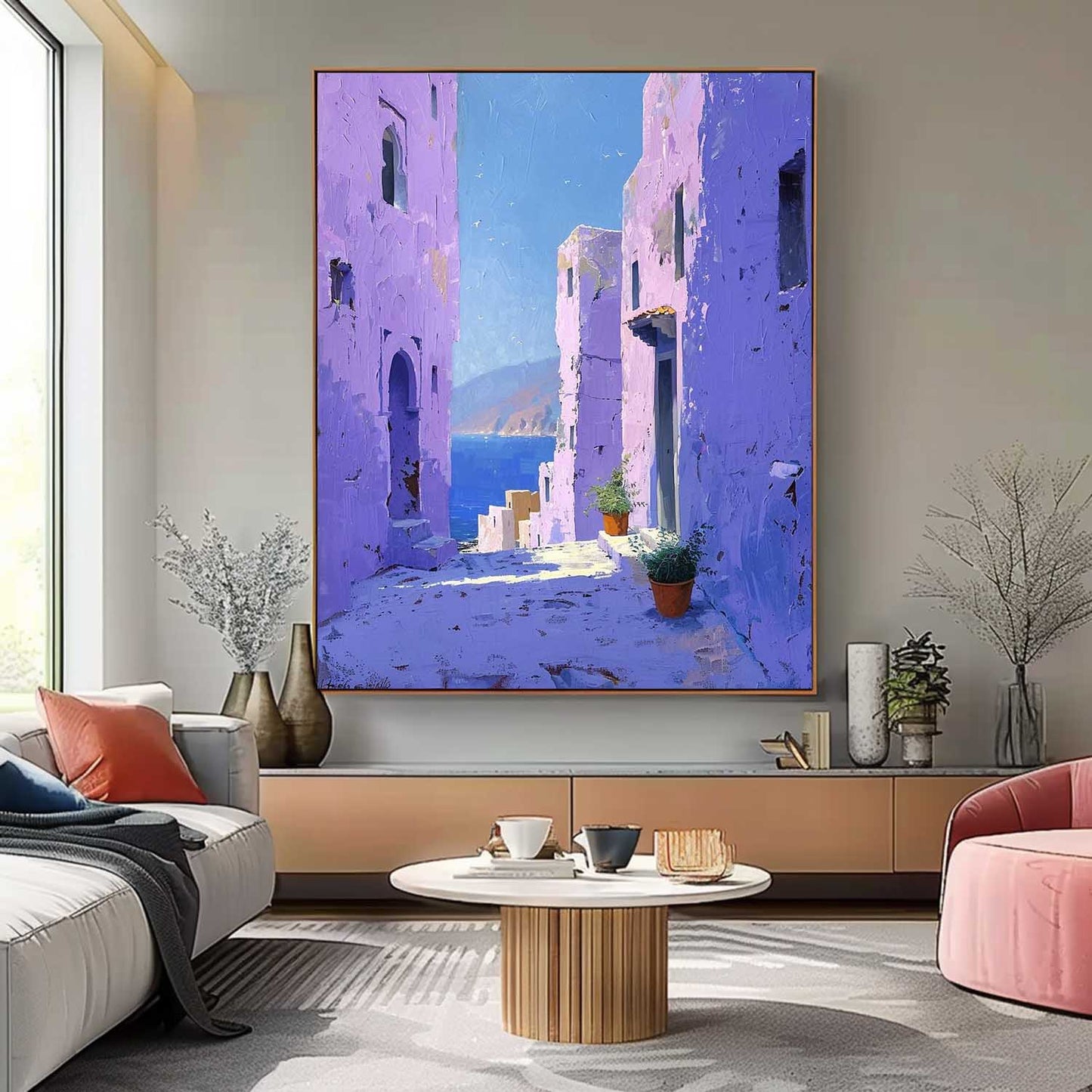 Vibrant Mediterranean Village: Stunning Oil Painting of Coastal Architecture