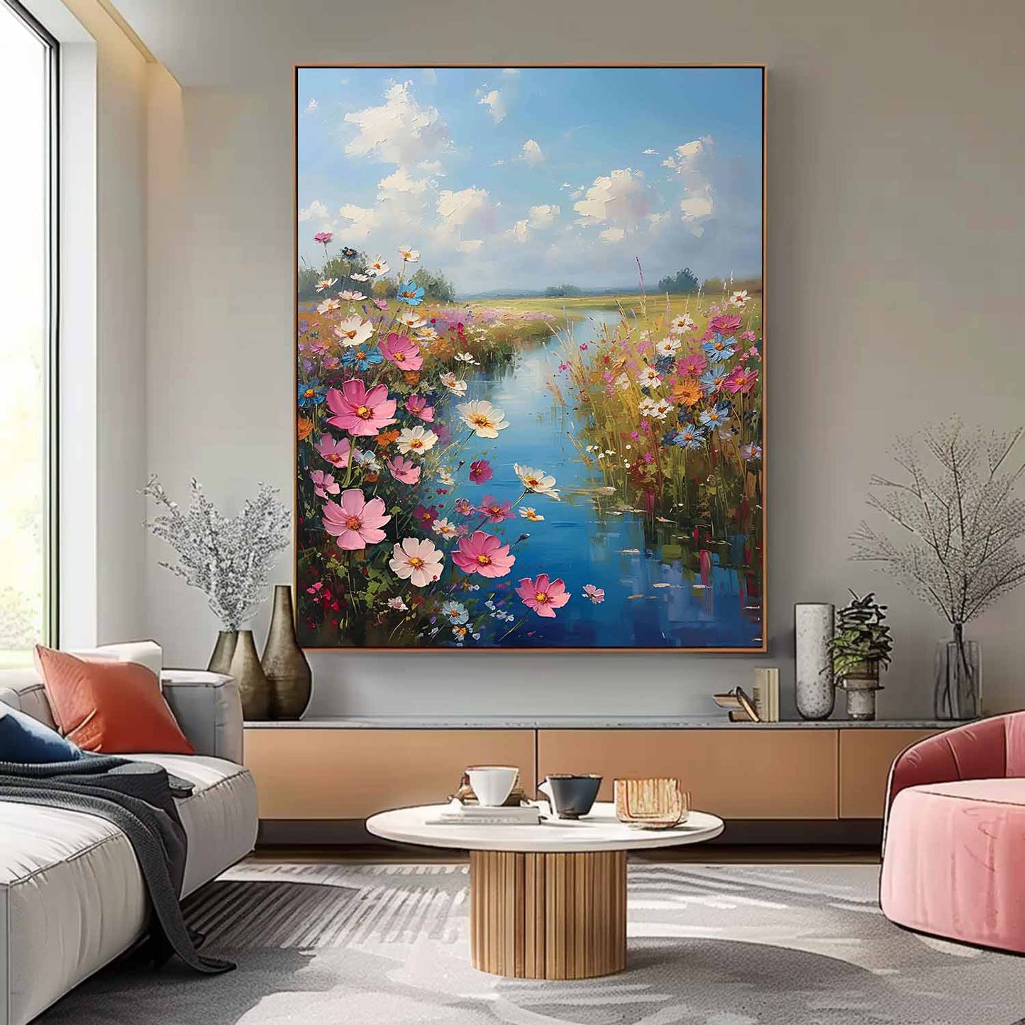 Vibrant Floral Landscape Oil Painting with Serene River and Blue Sky Art