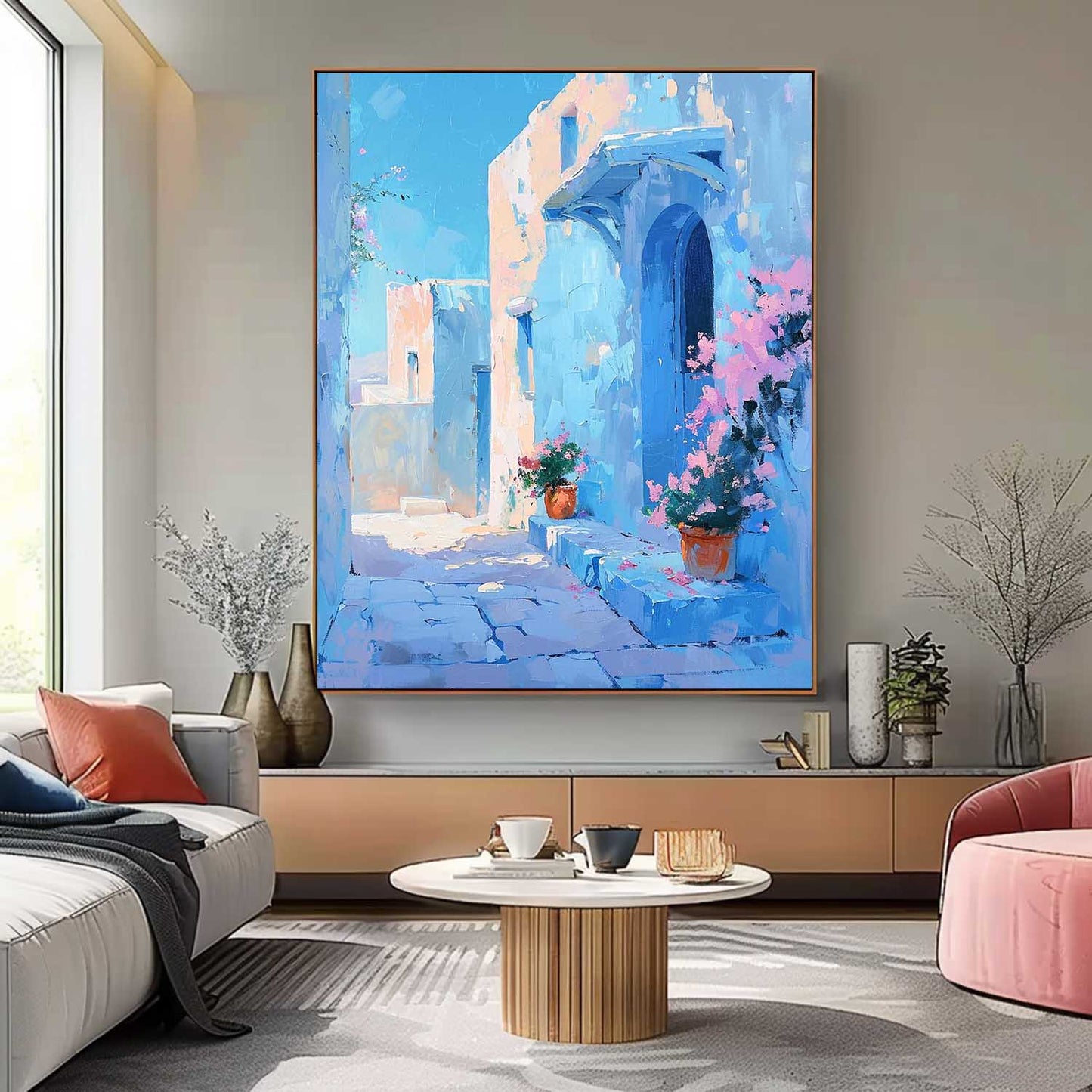 Charming Blue Alleyway Oil Painting with Flower Pots and Architecture