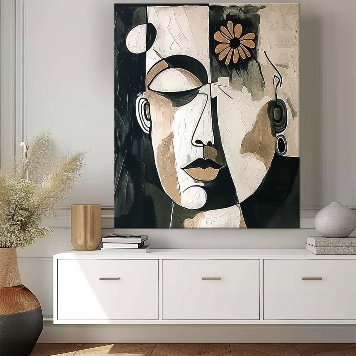 Abstract Faces Oil Painting with Flower Accent for Modern Home Decor