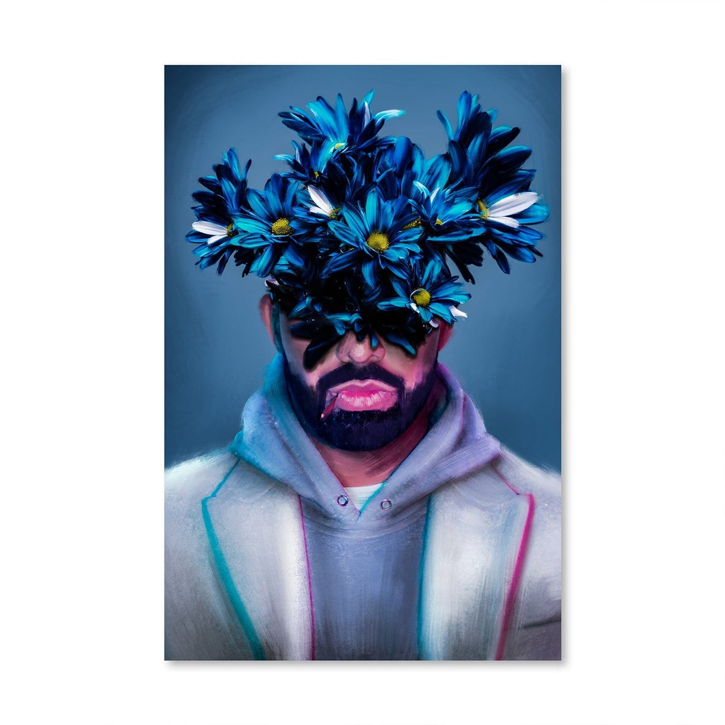 Floral Fusion Portrait: Vibrant Blues and Bold Expression