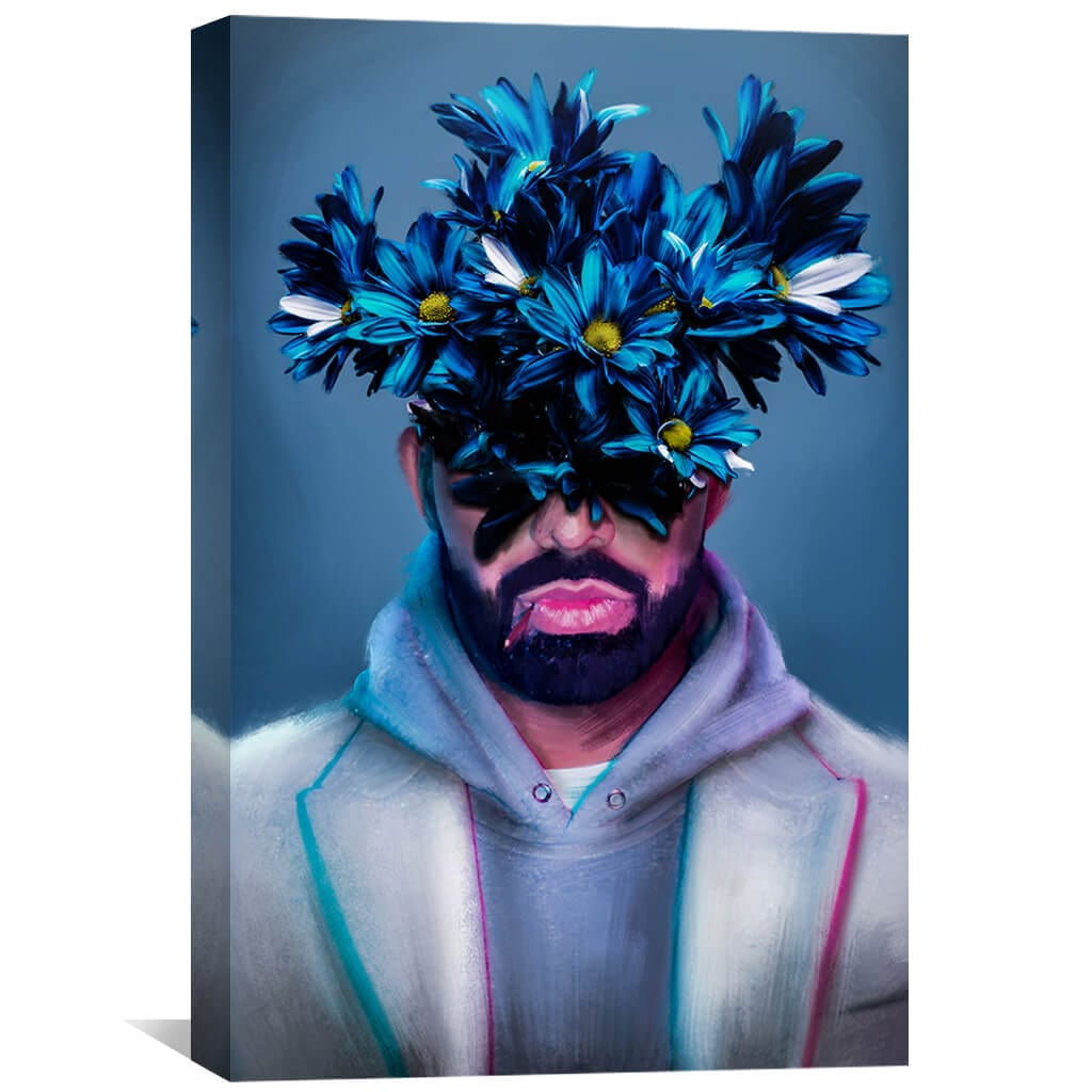 Floral Fusion Portrait: Vibrant Blues and Bold Expression
