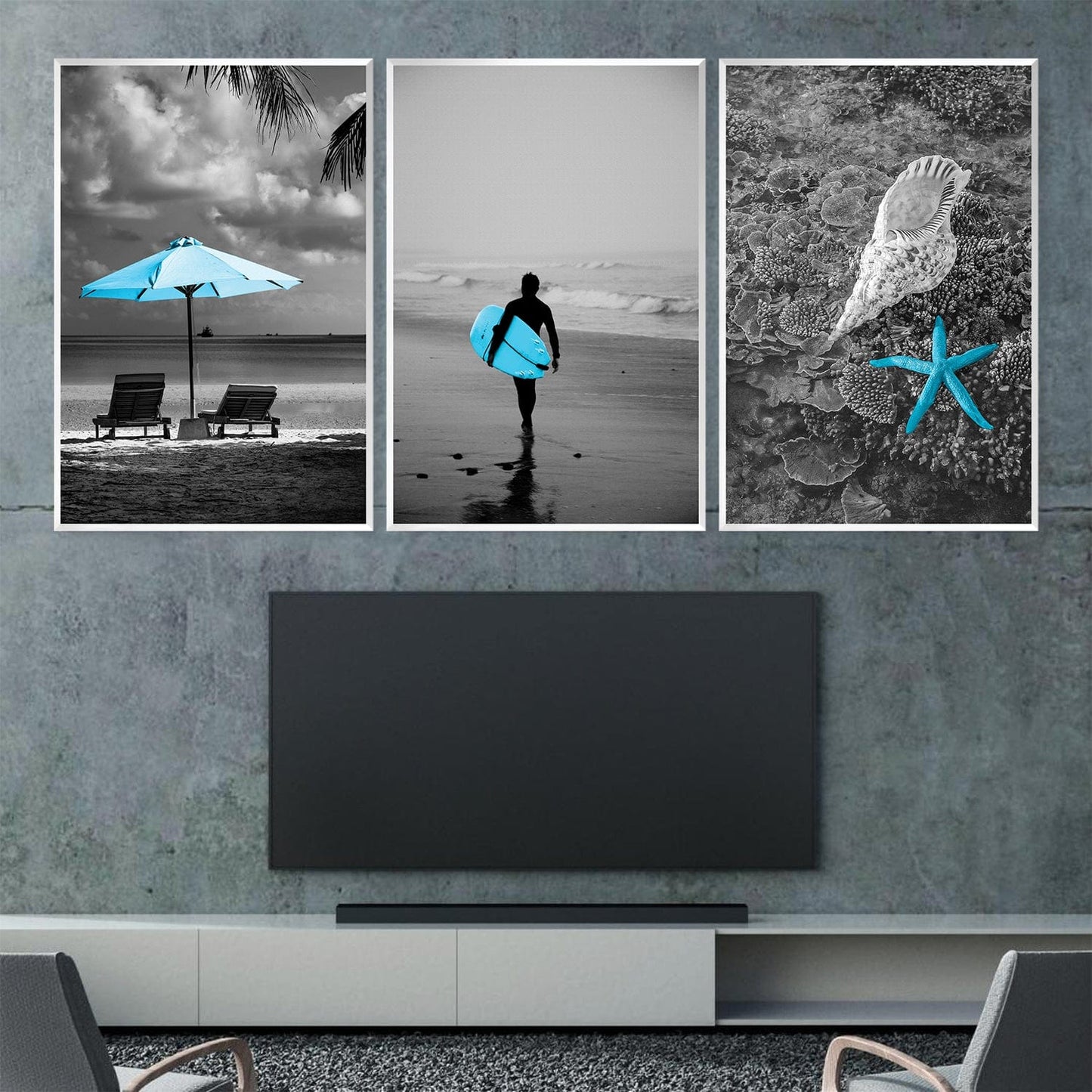 Coastal Serenity: Vibrant Blue Beach Scene Oil Painting for Home Decor
