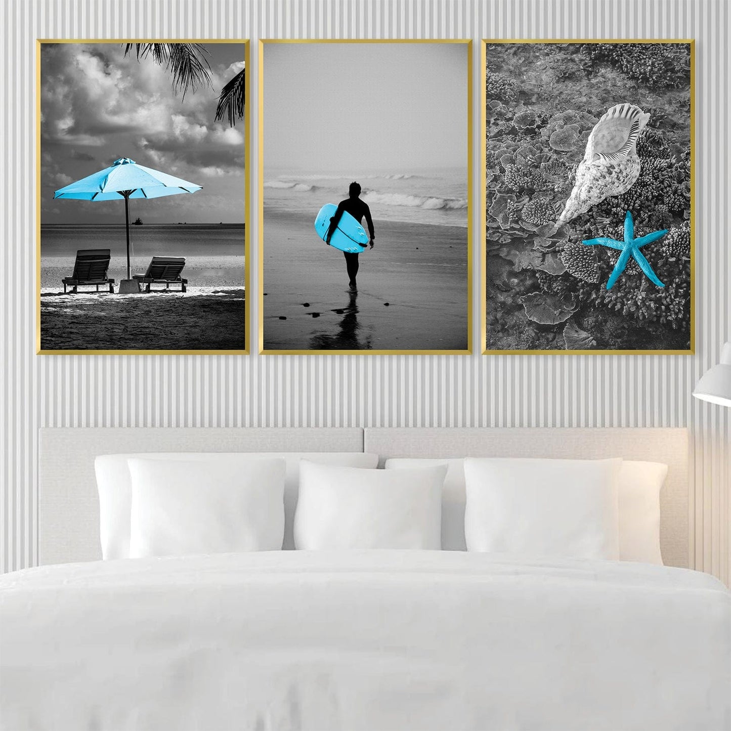 Coastal Serenity: Vibrant Blue Beach Scene Oil Painting for Home Decor