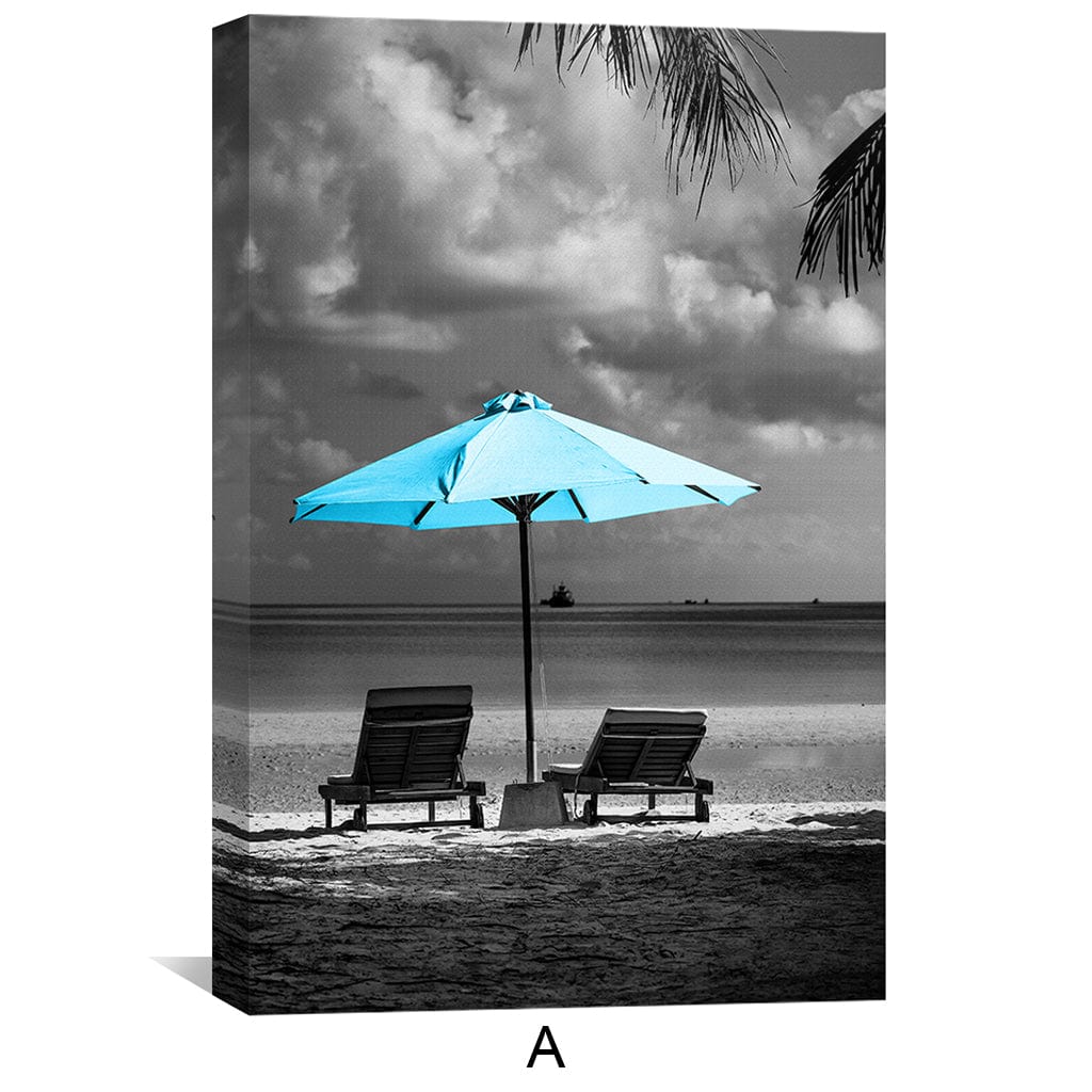 Coastal Serenity: Vibrant Blue Beach Scene Oil Painting for Home Decor