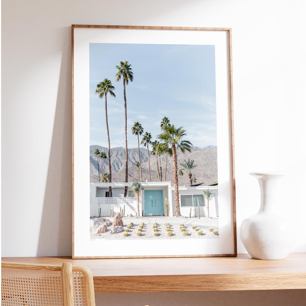 Serene Coastal Escape: Vibrant Blue Door and Palm Trees Oil Painting