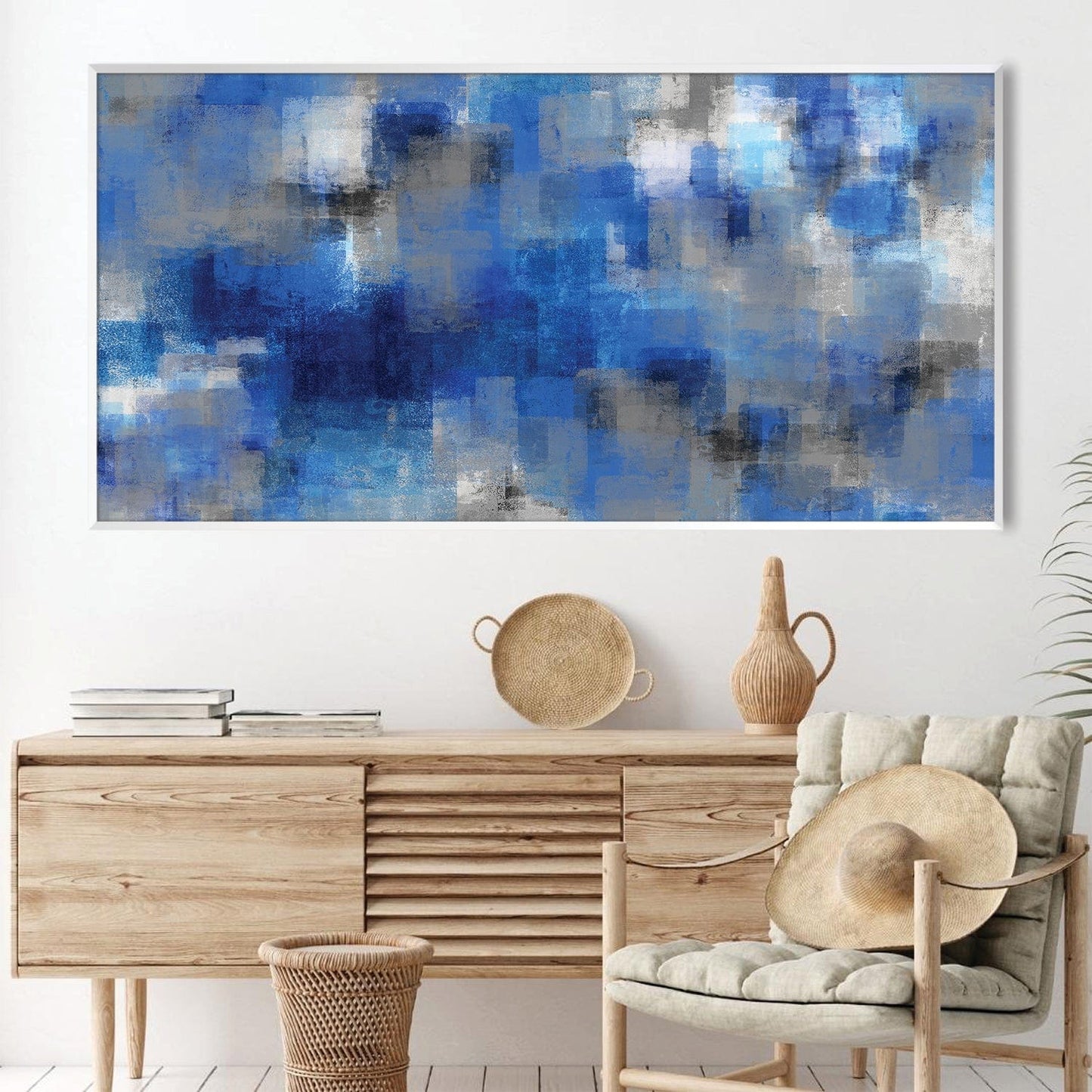Abstract Blue Waves Oil Painting for Modern Home Decor