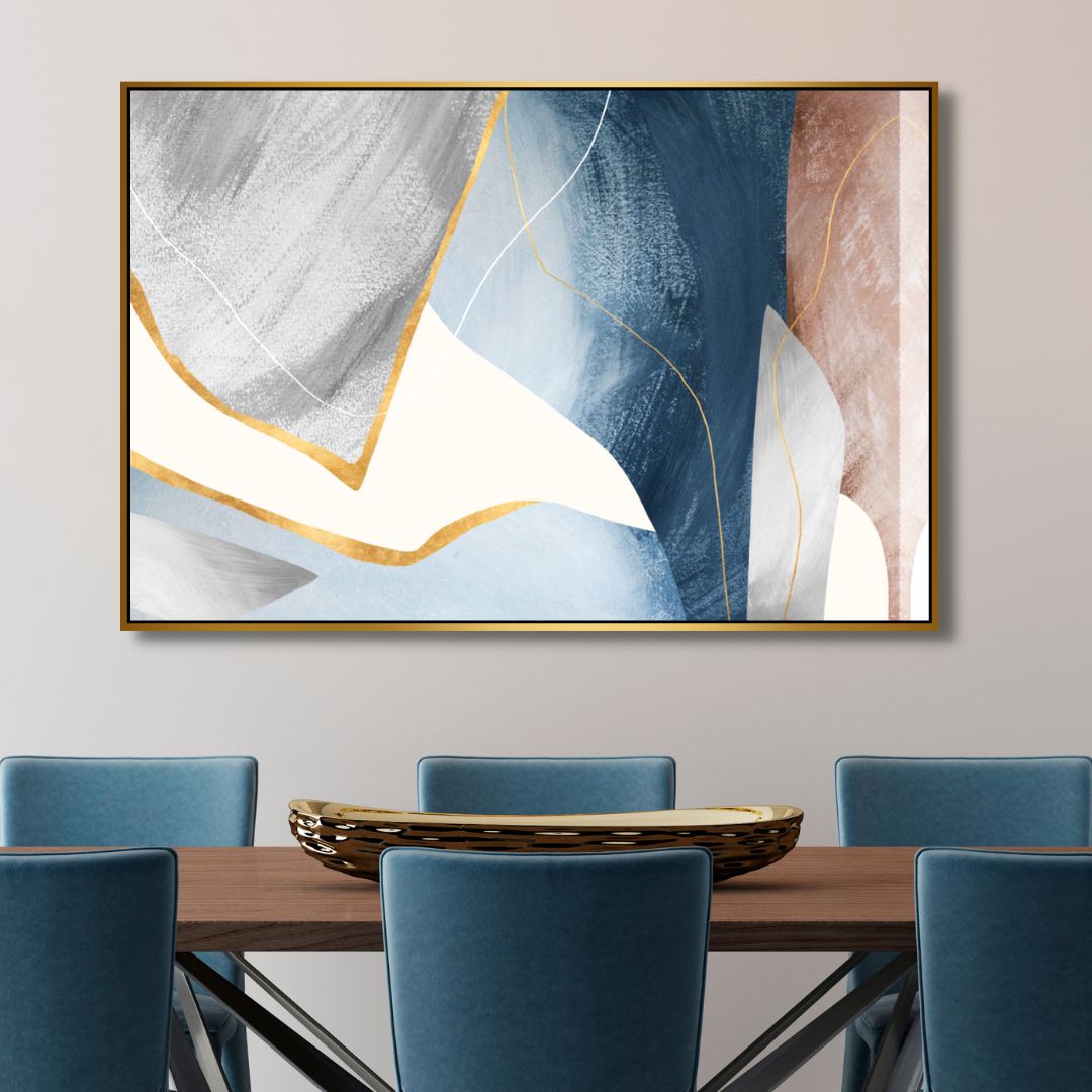 Elegant Blue and Gold Geometric Abstract Oil Painting for Modern Home Decor