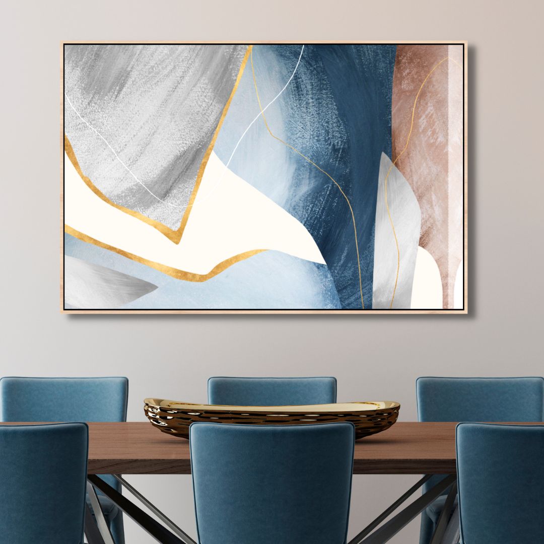 Elegant Blue and Gold Geometric Abstract Oil Painting for Modern Home Decor