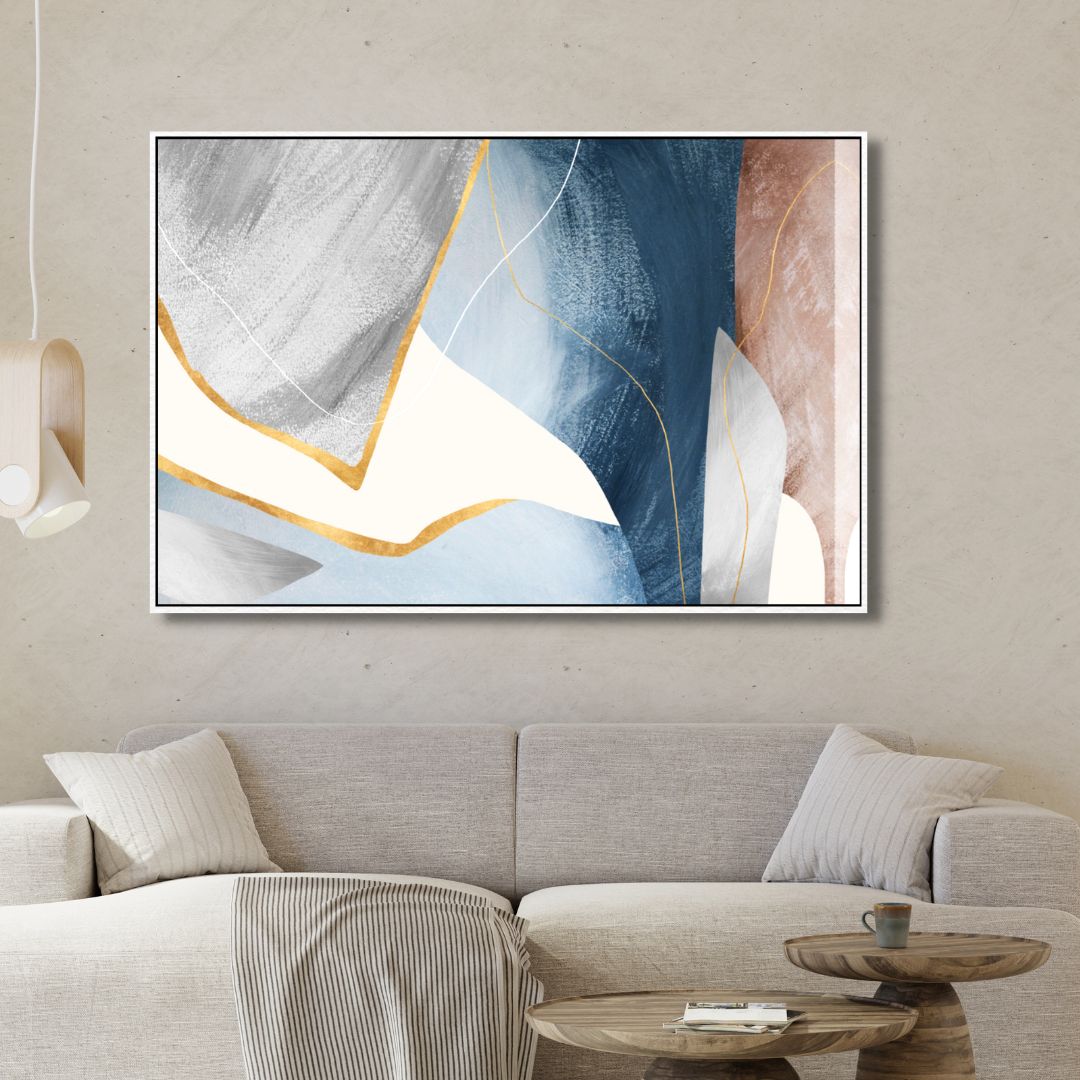 Elegant Blue and Gold Geometric Abstract Oil Painting for Modern Home Decor