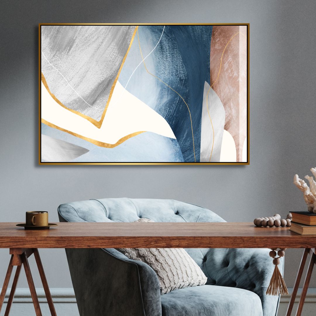 Elegant Blue and Gold Geometric Abstract Oil Painting for Modern Home Decor