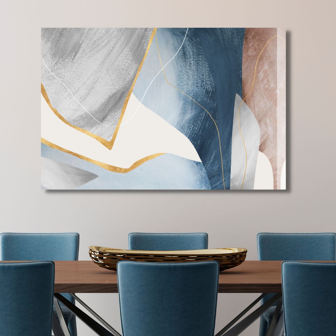 Elegant Blue and Gold Geometric Abstract Oil Painting for Modern Home Decor