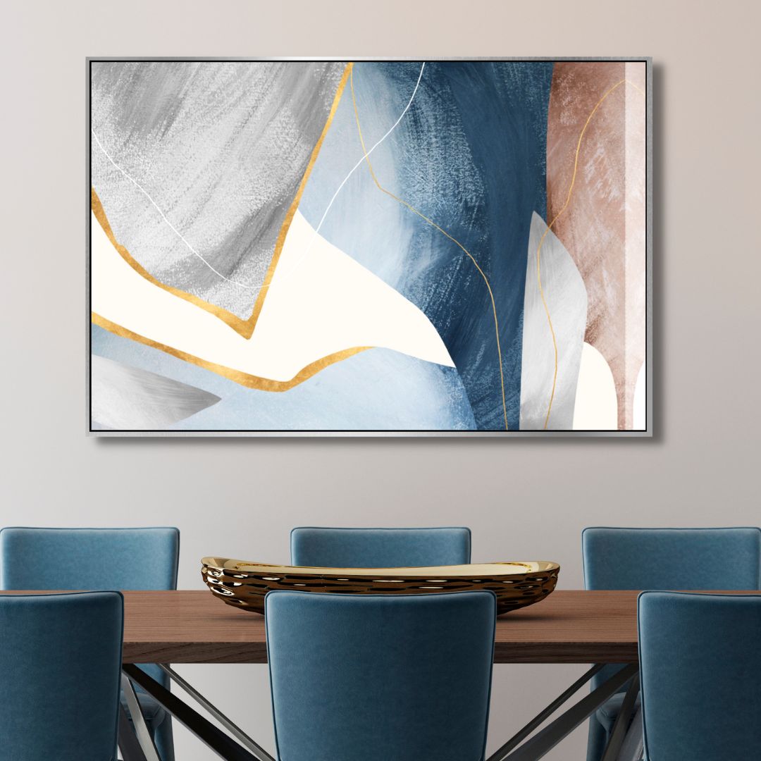 Elegant Blue and Gold Geometric Abstract Oil Painting for Modern Home Decor