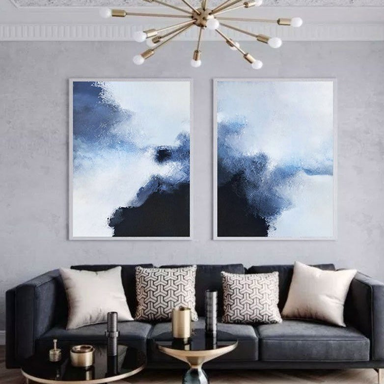 Blue and White Abstract Landscape Oil Painting for Modern Home Decor