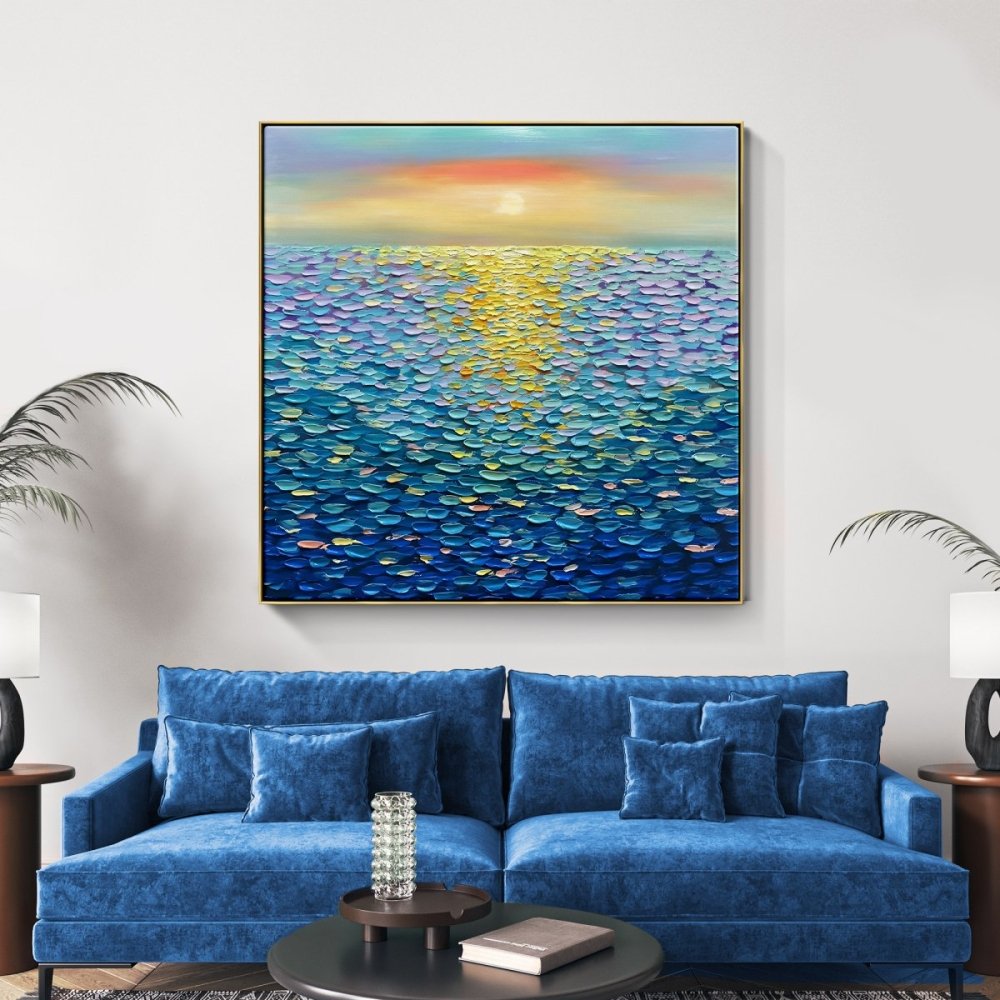 Vibrant Blue Ocean Sunset Oil Painting for Home Decor and Art Lovers
