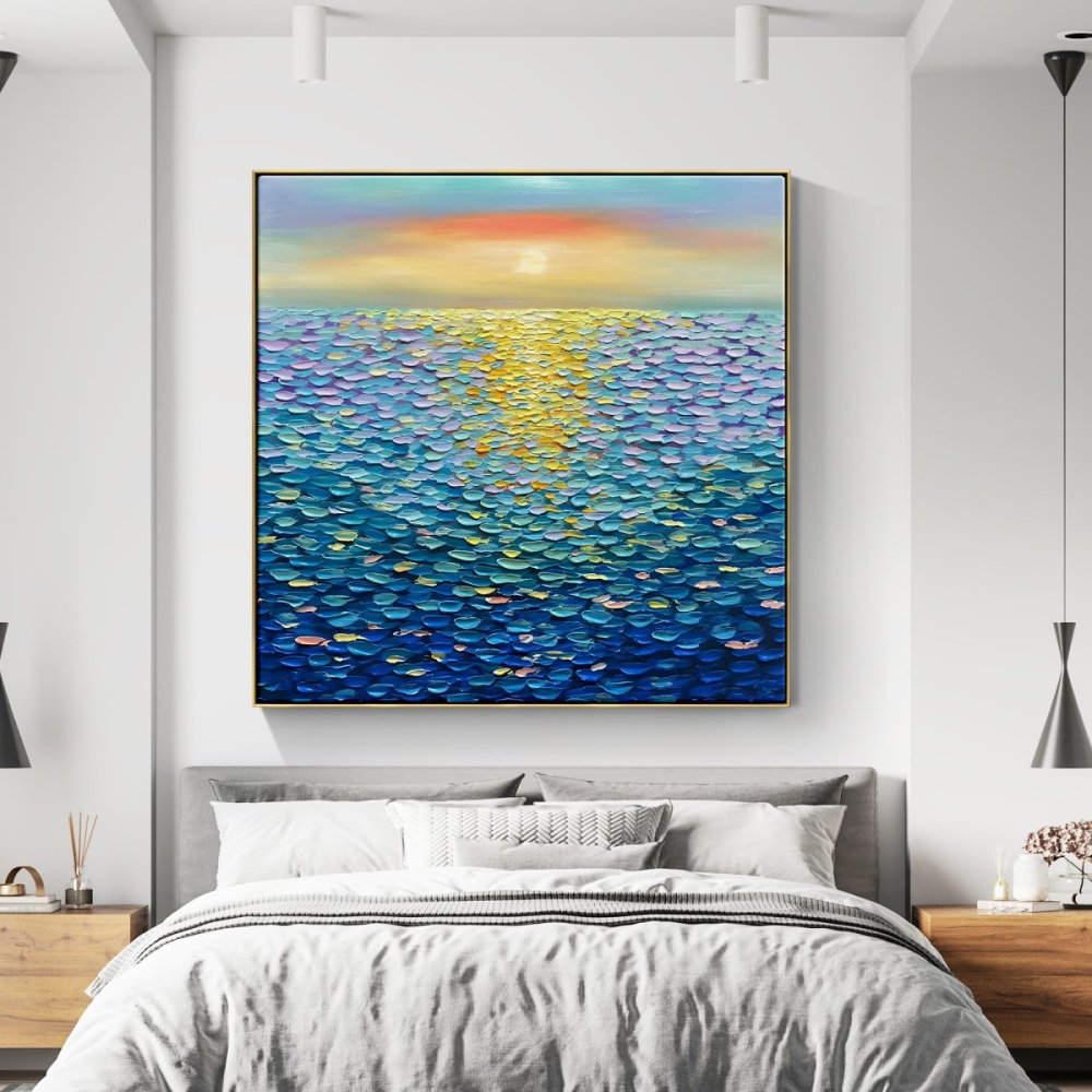 Vibrant Blue Ocean Sunset Oil Painting for Home Decor and Art Lovers