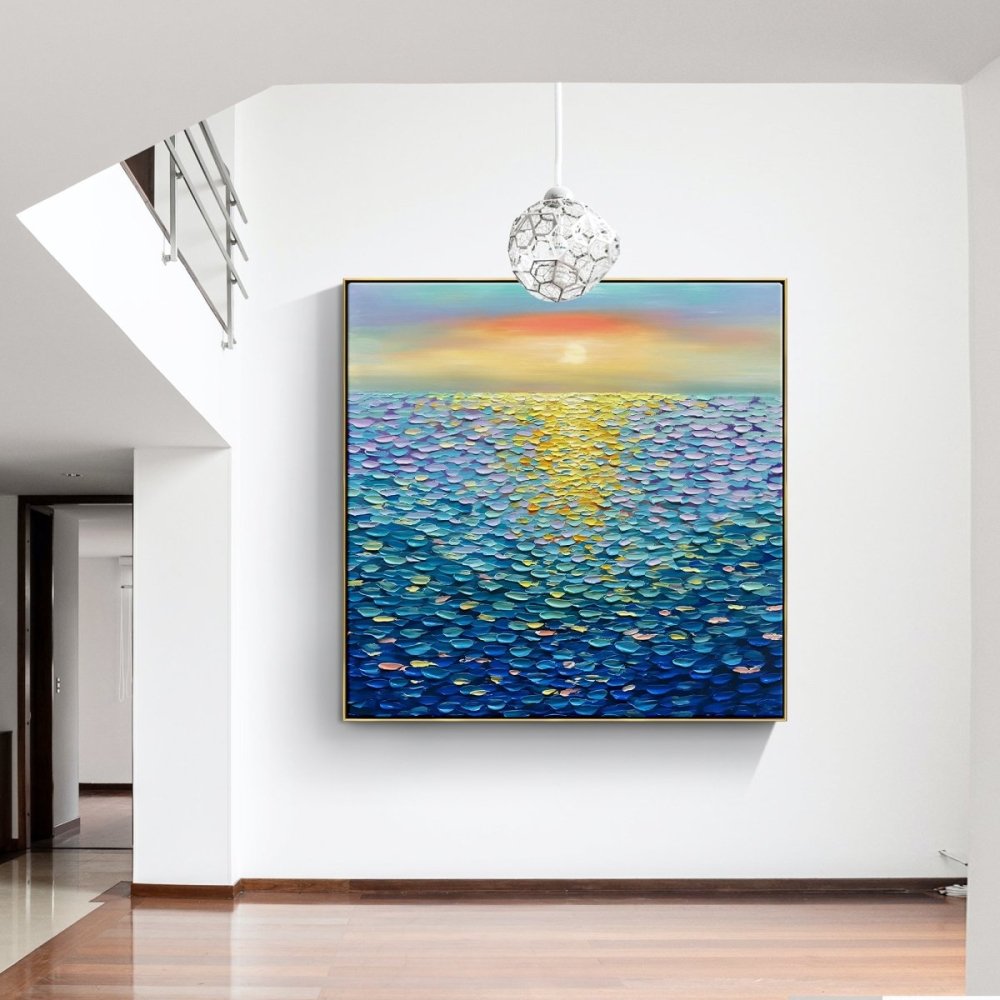 Vibrant Blue Ocean Sunset Oil Painting for Home Decor and Art Lovers