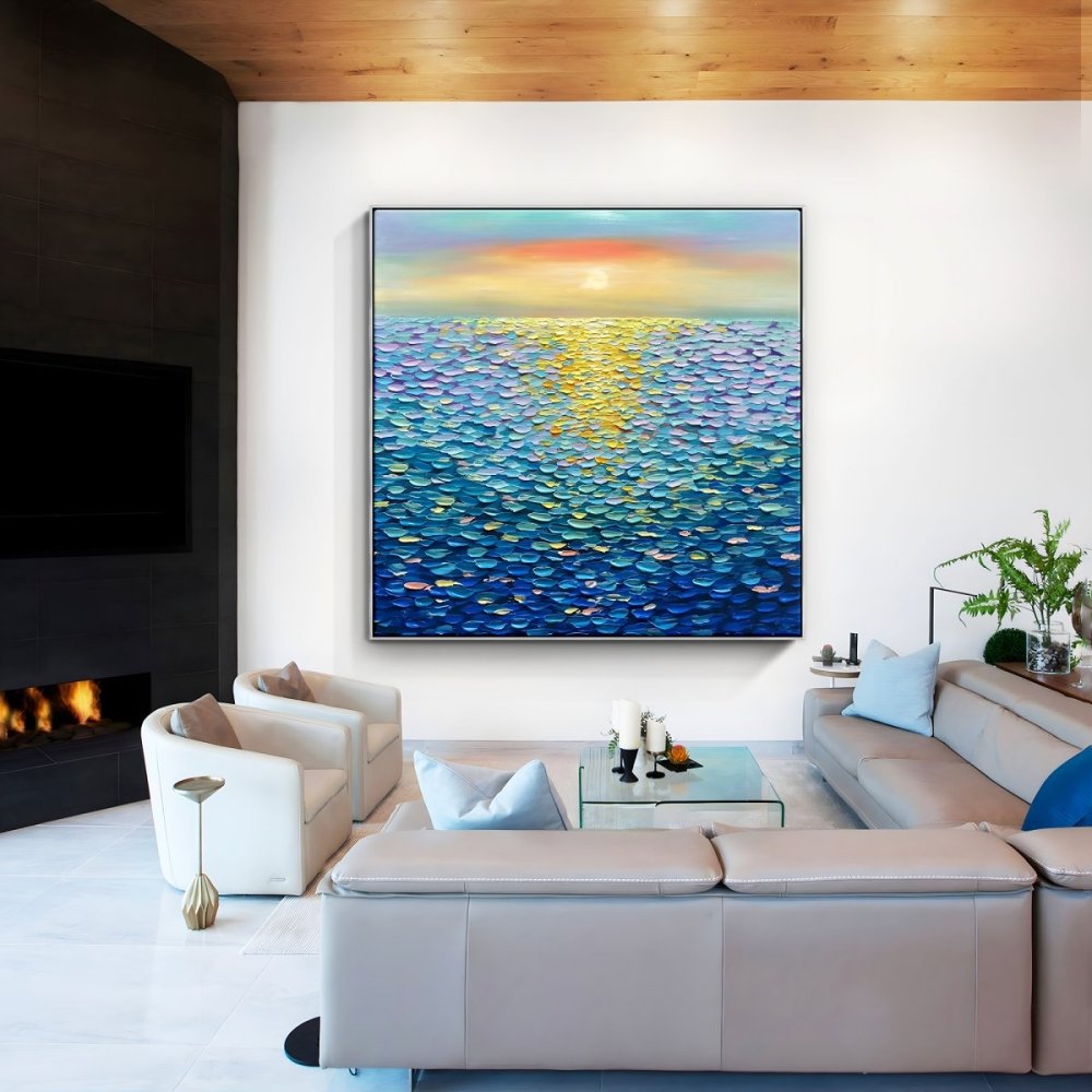 Vibrant Blue Ocean Sunset Oil Painting for Home Decor and Art Lovers