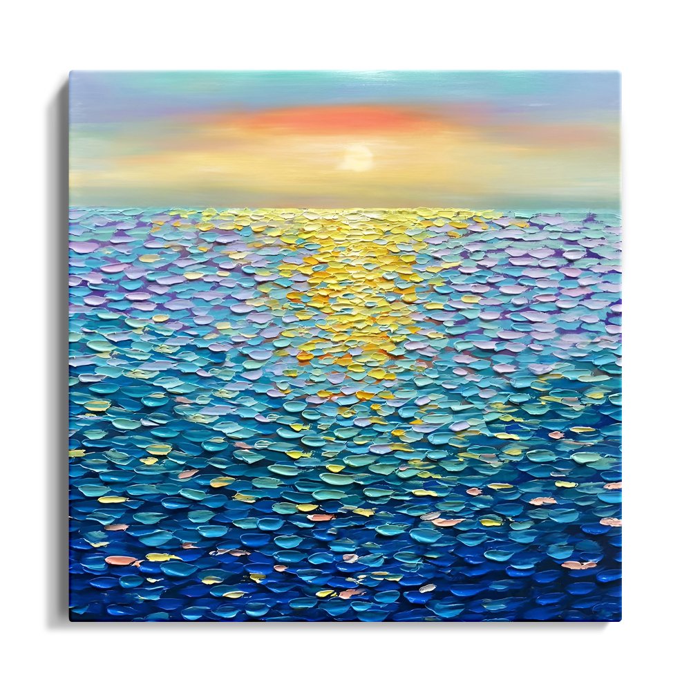 Vibrant Blue Ocean Sunset Oil Painting for Home Decor and Art Lovers