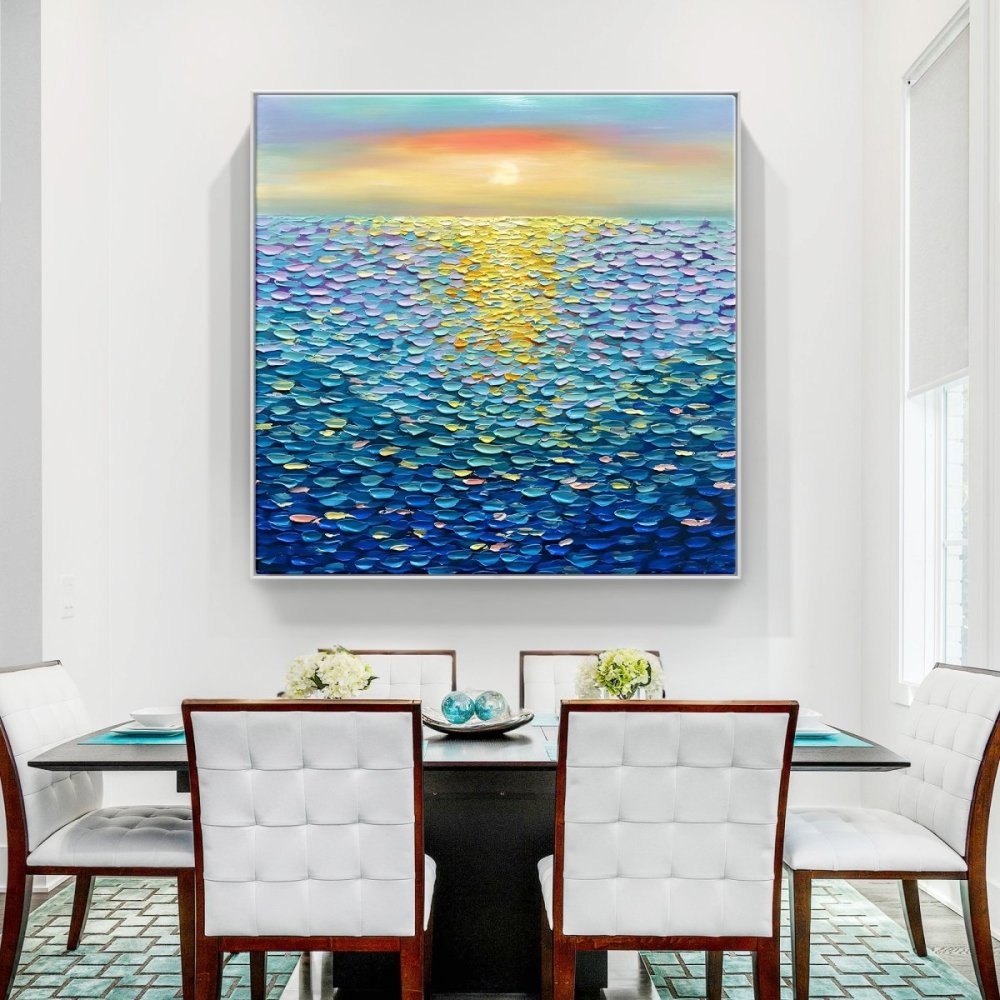Vibrant Blue Ocean Sunset Oil Painting for Home Decor and Art Lovers