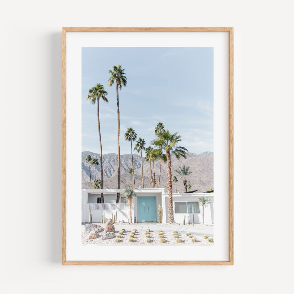 Serene Coastal Escape: Vibrant Blue Door and Palm Trees Oil Painting