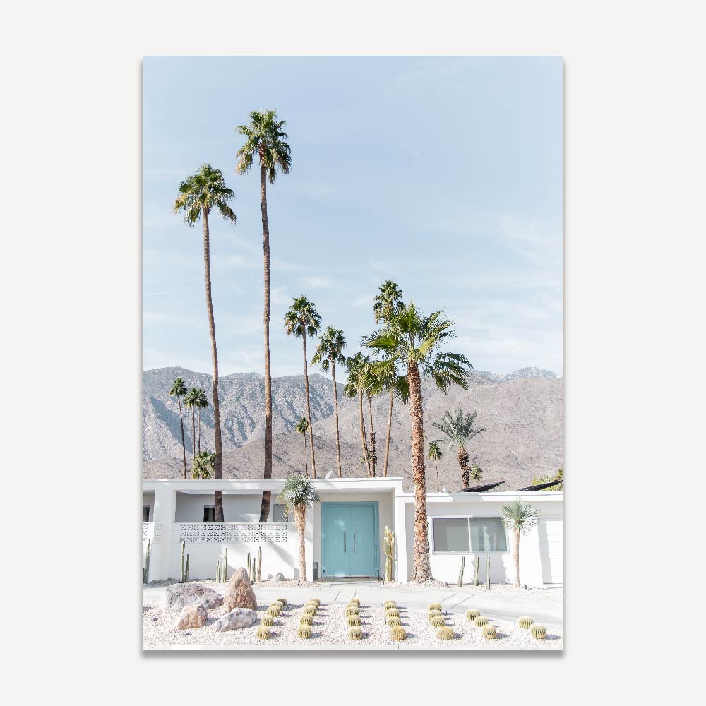 Serene Coastal Escape: Vibrant Blue Door and Palm Trees Oil Painting