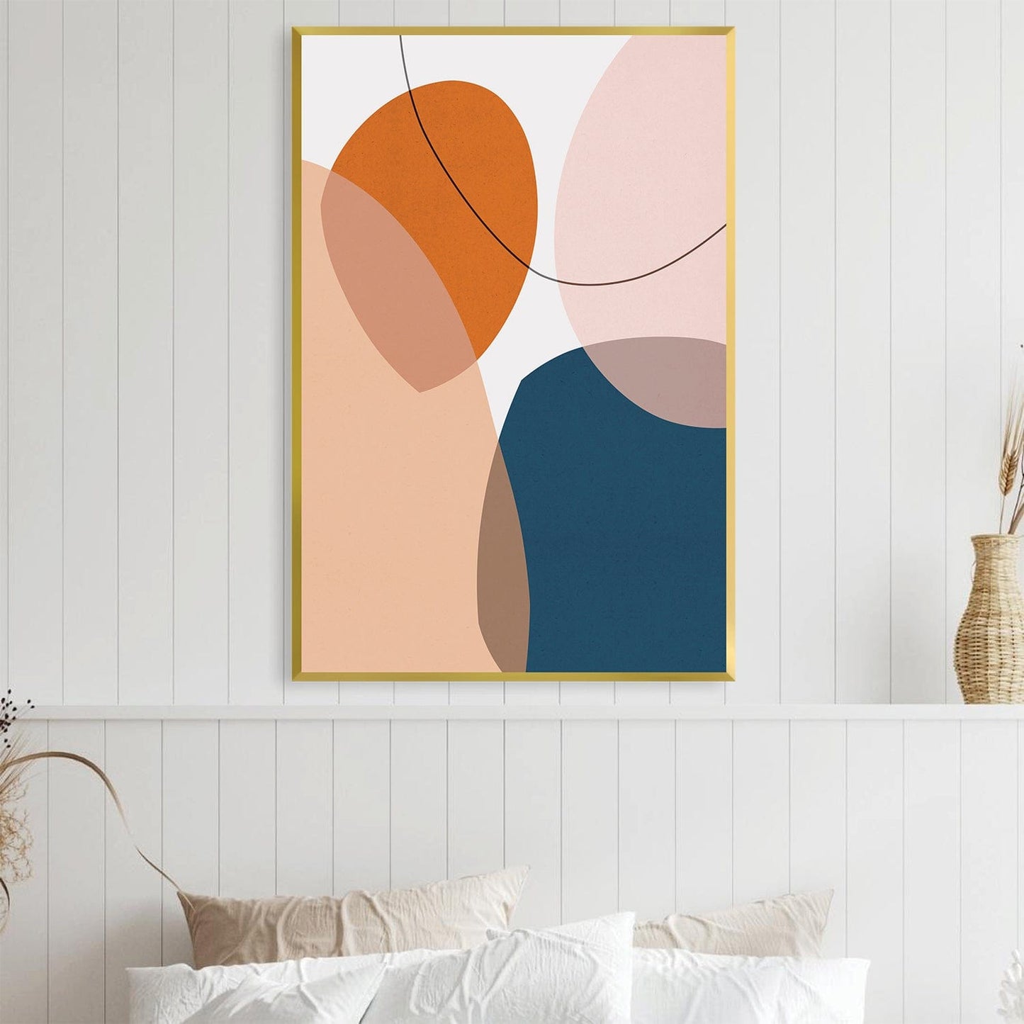 Abstract Boho Oil Painting with Stones in Earthy Tones for Modern Decor
