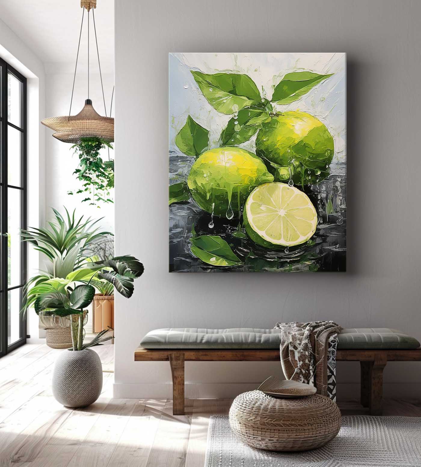 Vibrant Lemon Still Life Oil Painting with Fresh Leaves and Water Drops