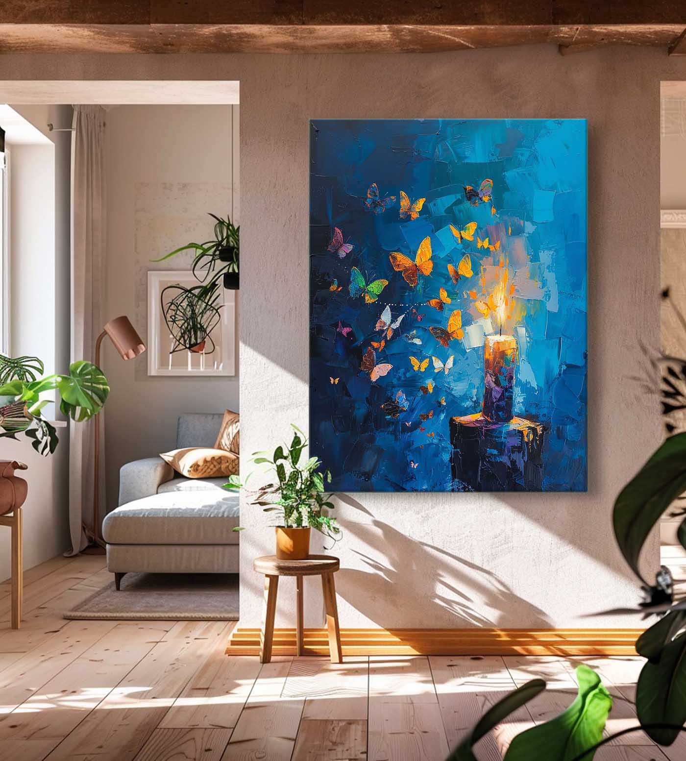 Colorful Butterflies and Candlelight Abstract Oil Painting