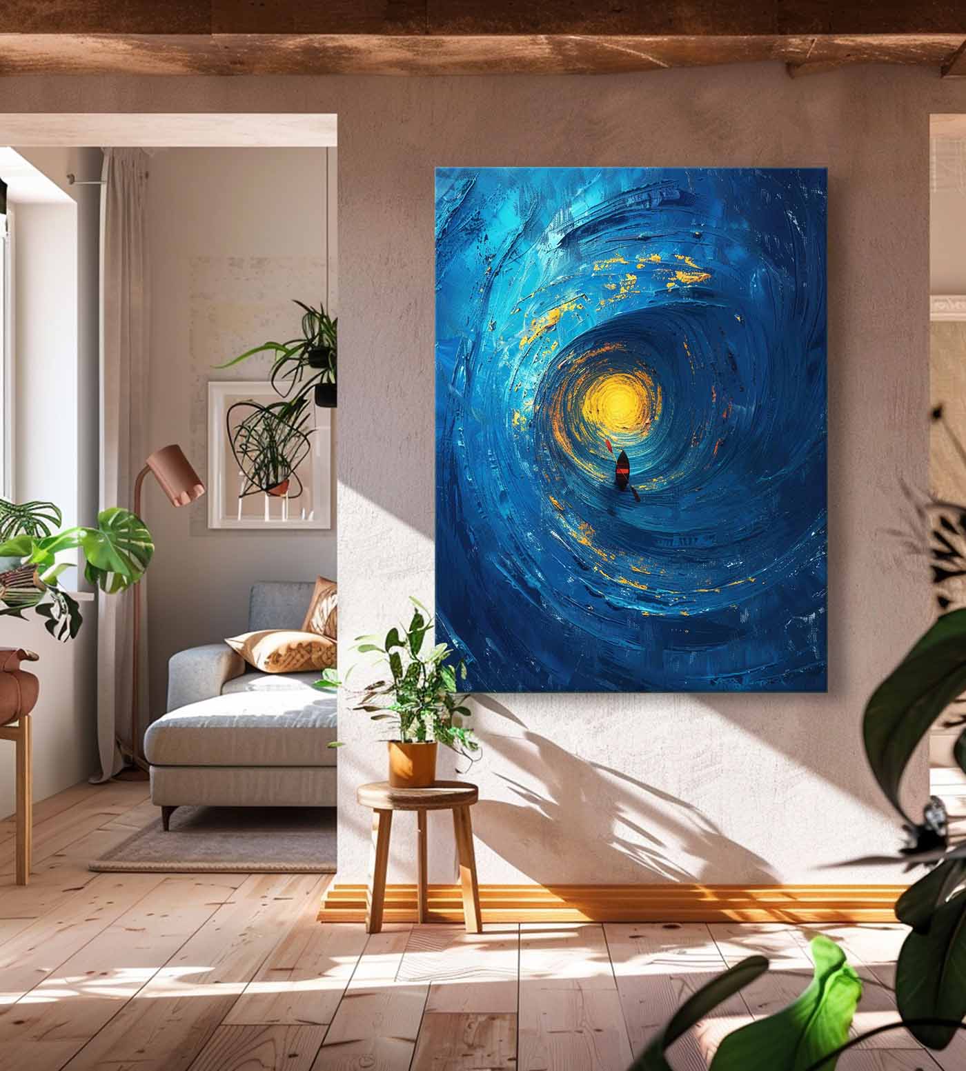 Serene Ocean Swirl with Vibrant Sunlight and Kayak Canvas Artwork